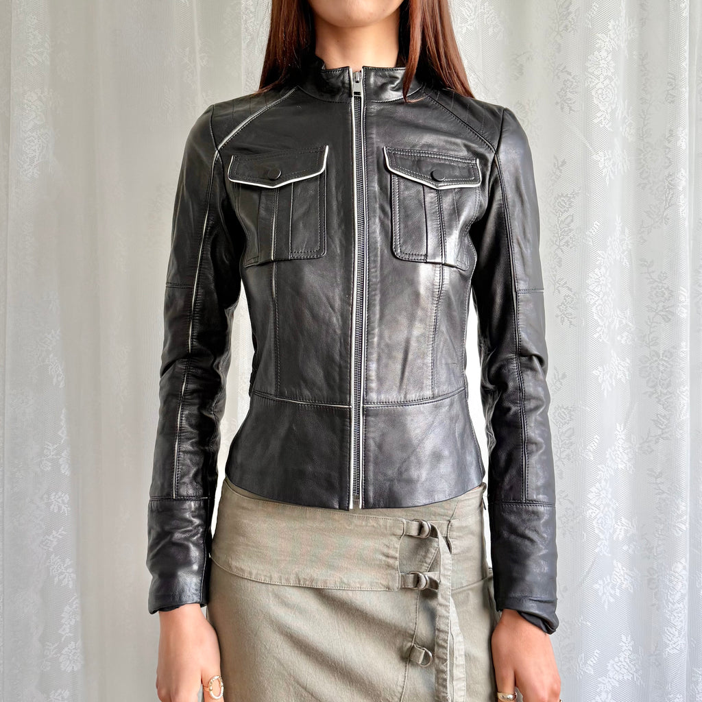 Genuine Leather Zip Jacket - Size XS