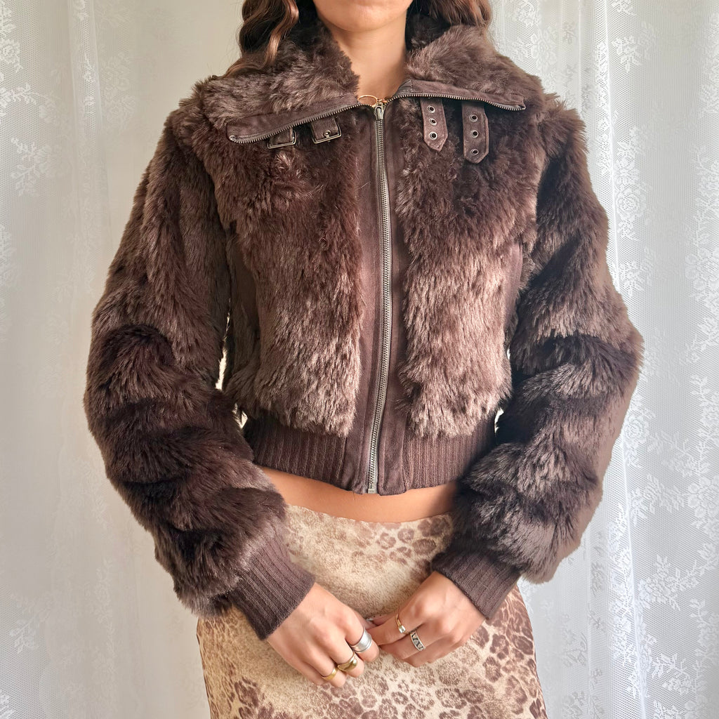 Faux Fur Zip Jacket - Size