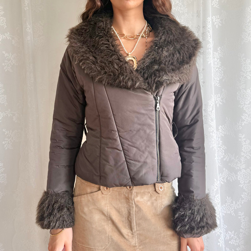 Faux Fur Puffer Zip Jacket - Size M