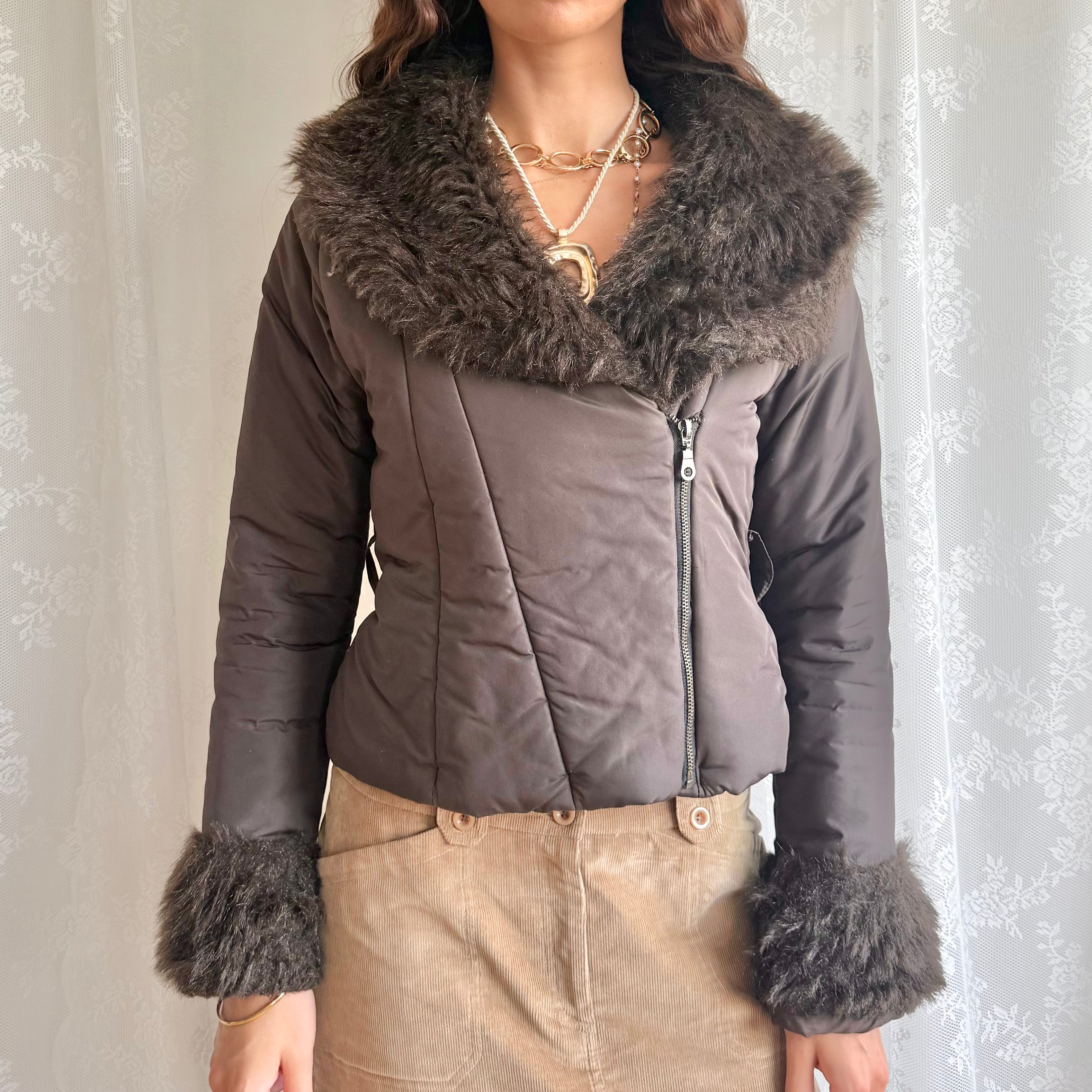 Faux Fur Puffer Zip Jacket - Size M