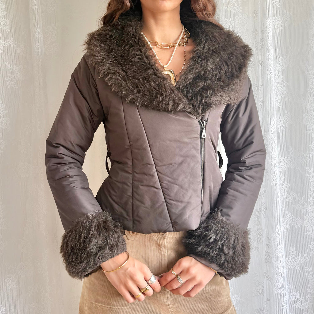 Faux Fur Puffer Zip Jacket - Size M