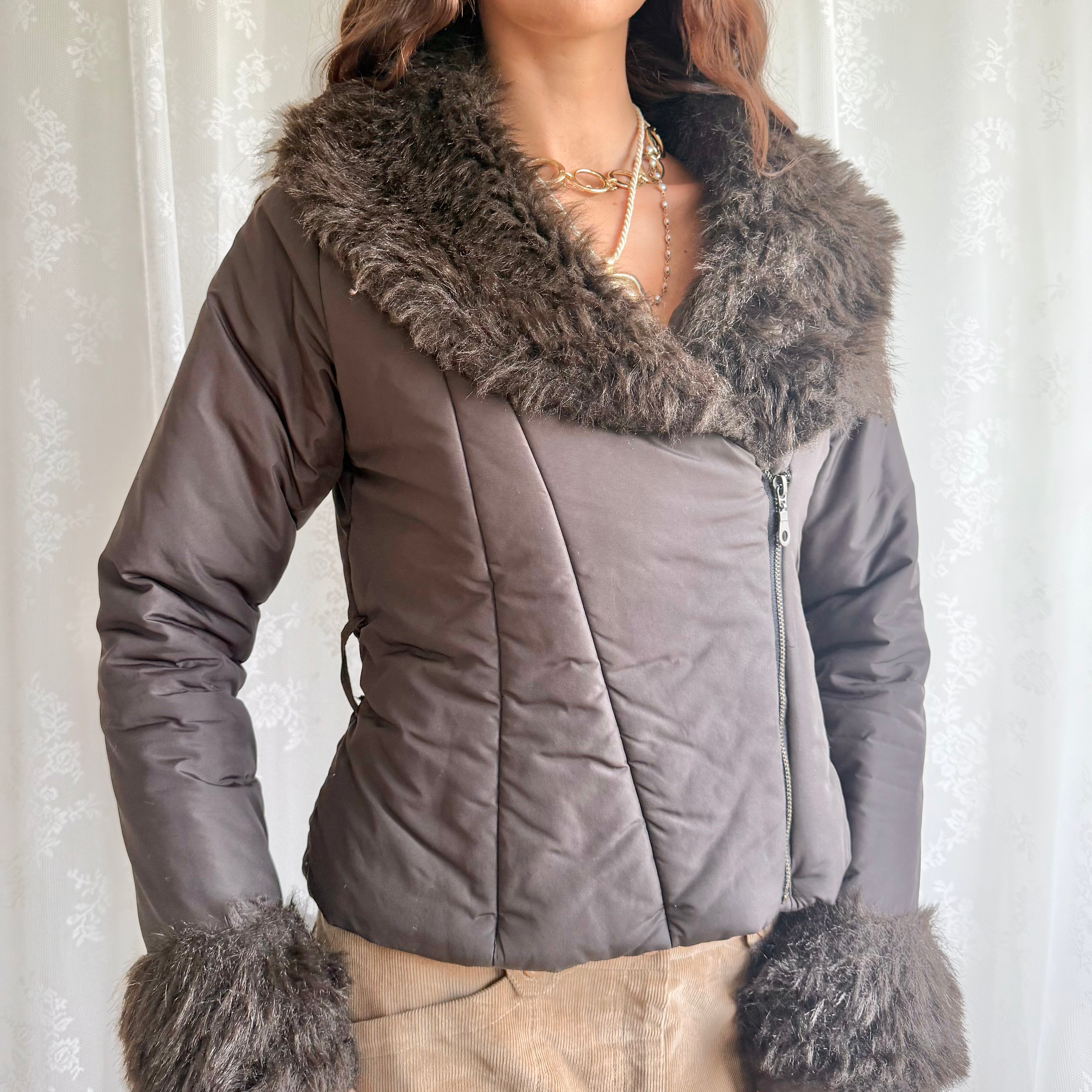 Faux Fur Puffer Zip Jacket - Size M