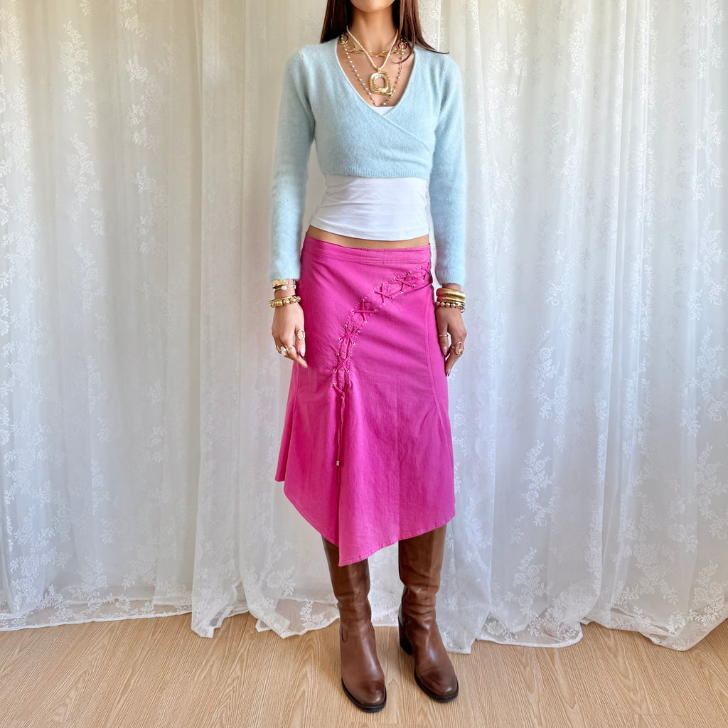 Lace Up Asymmetric Midi Skirt - Size M