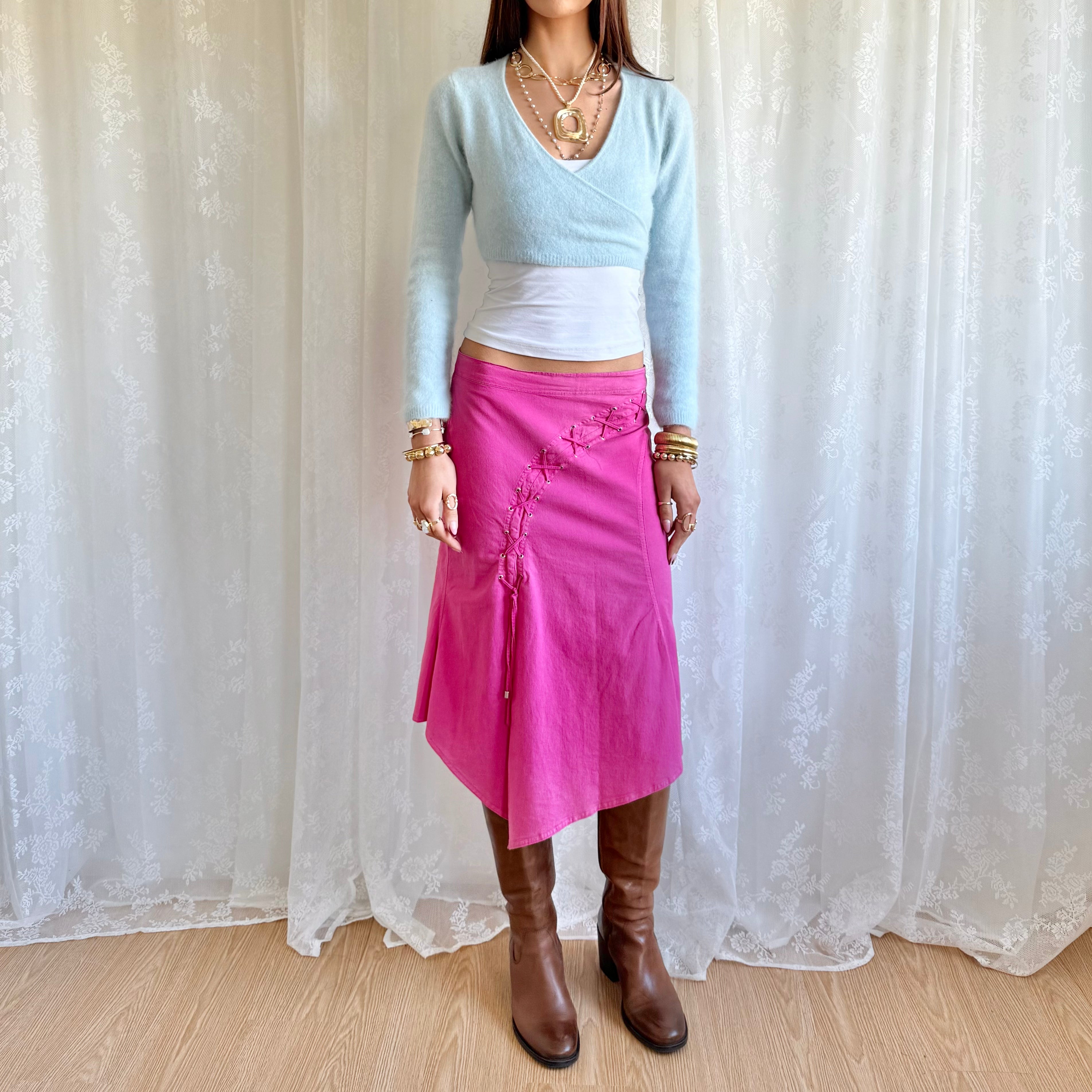 Lace Up Asymmetric Midi Skirt - Size M