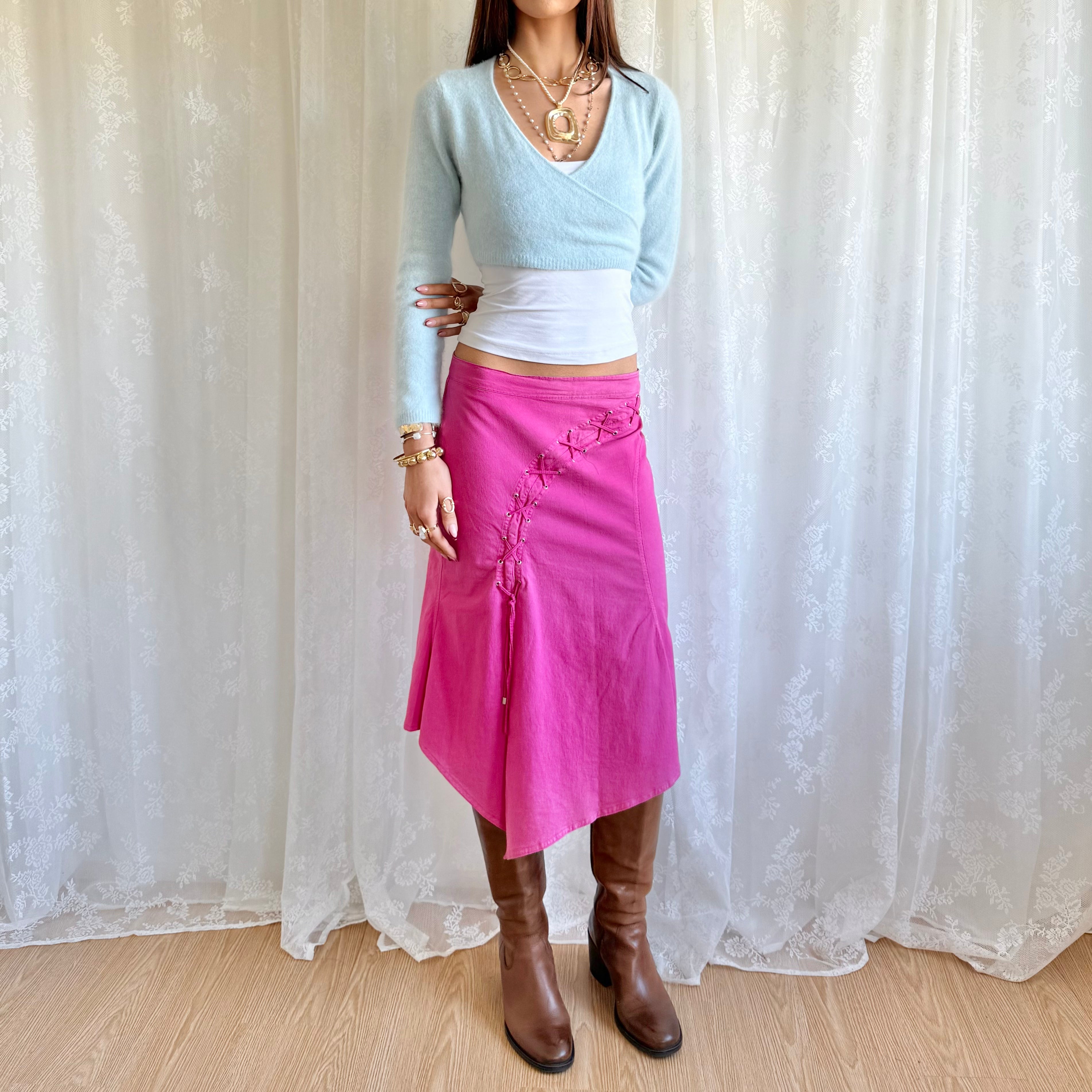 Lace Up Asymmetric Midi Skirt - Size M