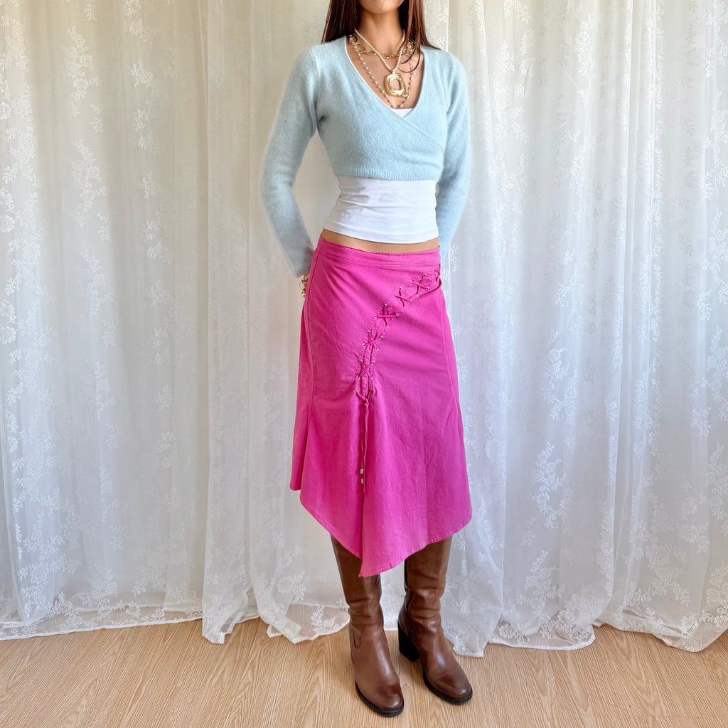 Lace Up Asymmetric Midi Skirt - Size M