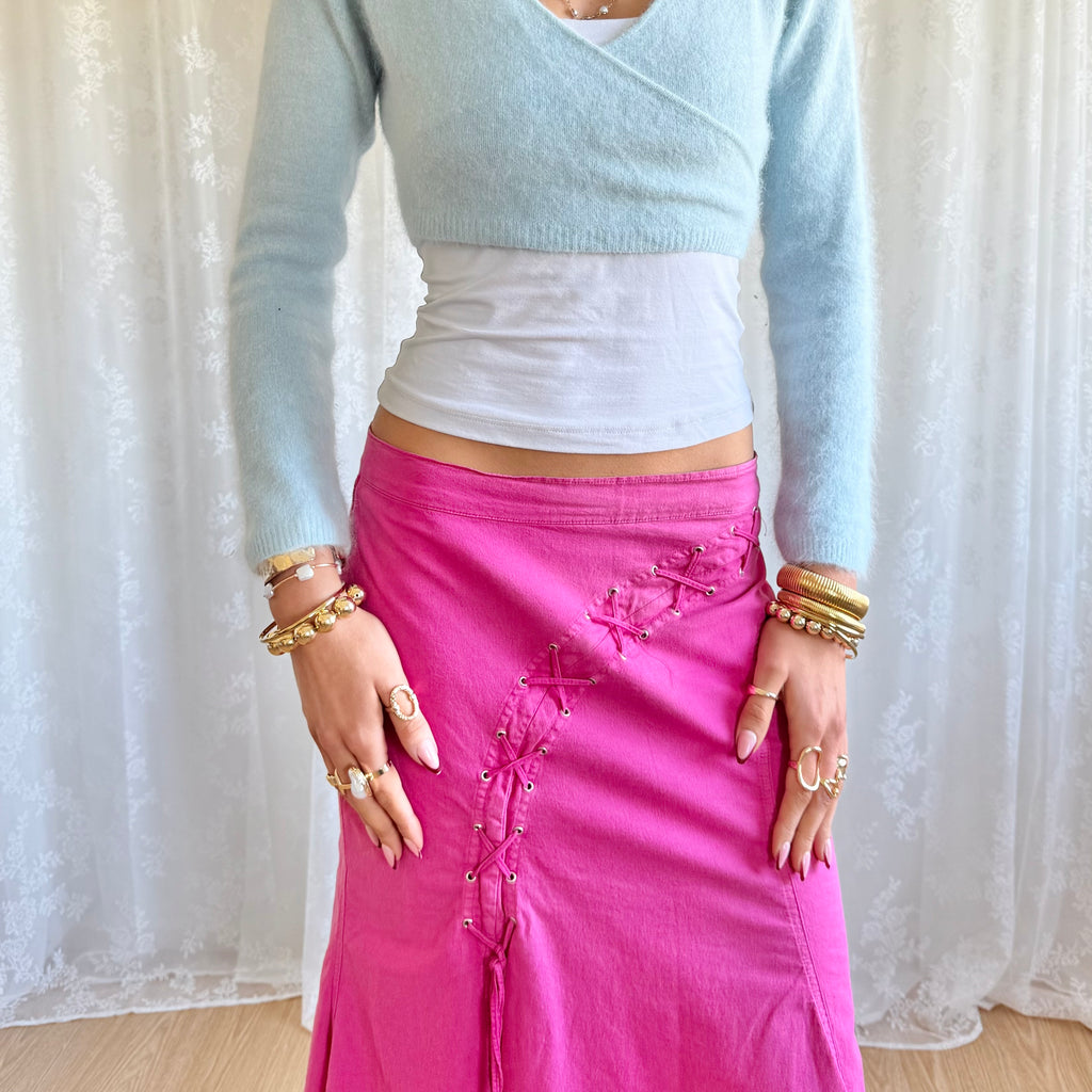 Lace Up Asymmetric Midi Skirt - Size M