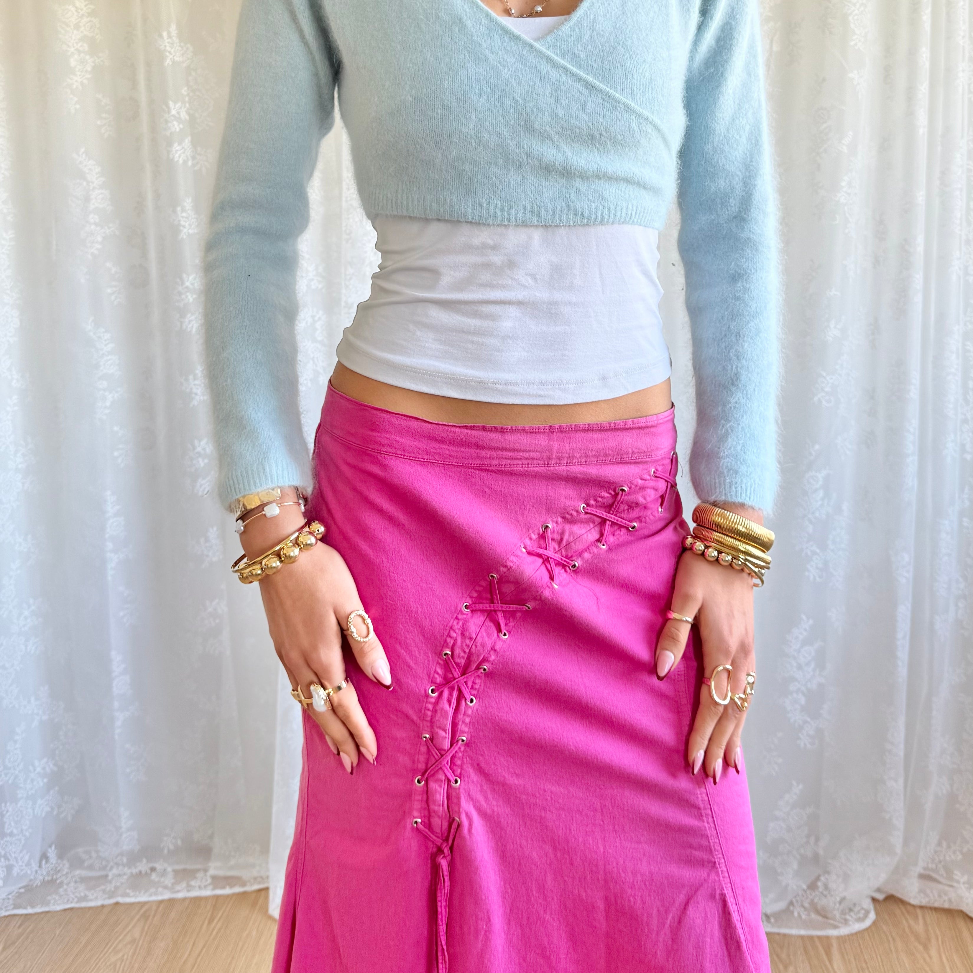 Lace Up Asymmetric Midi Skirt - Size M