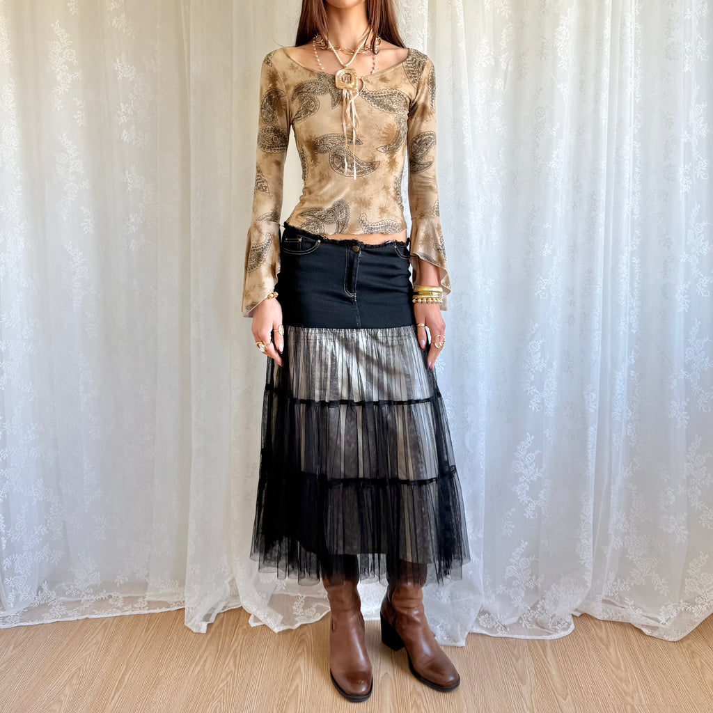 Denim Tiered Midi Skirt - Size S