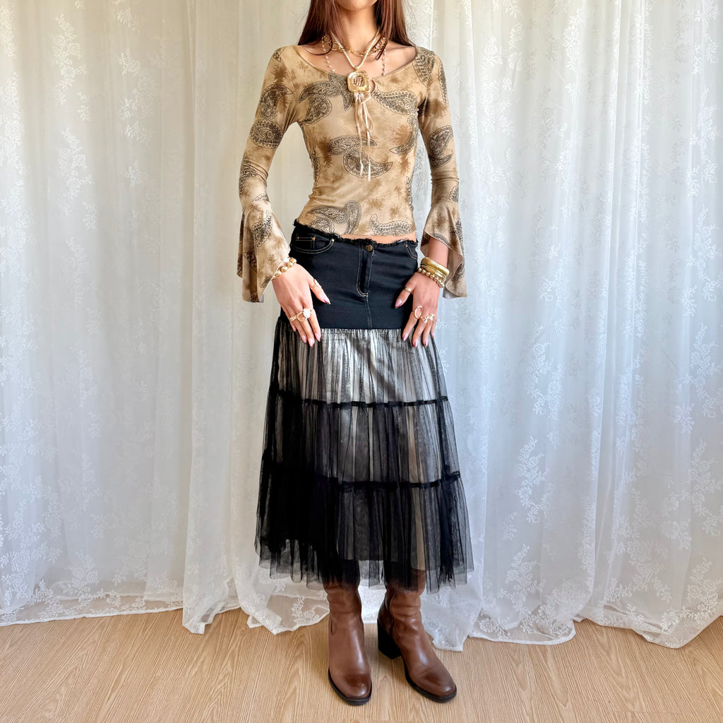Denim Tiered Midi Skirt - Size S