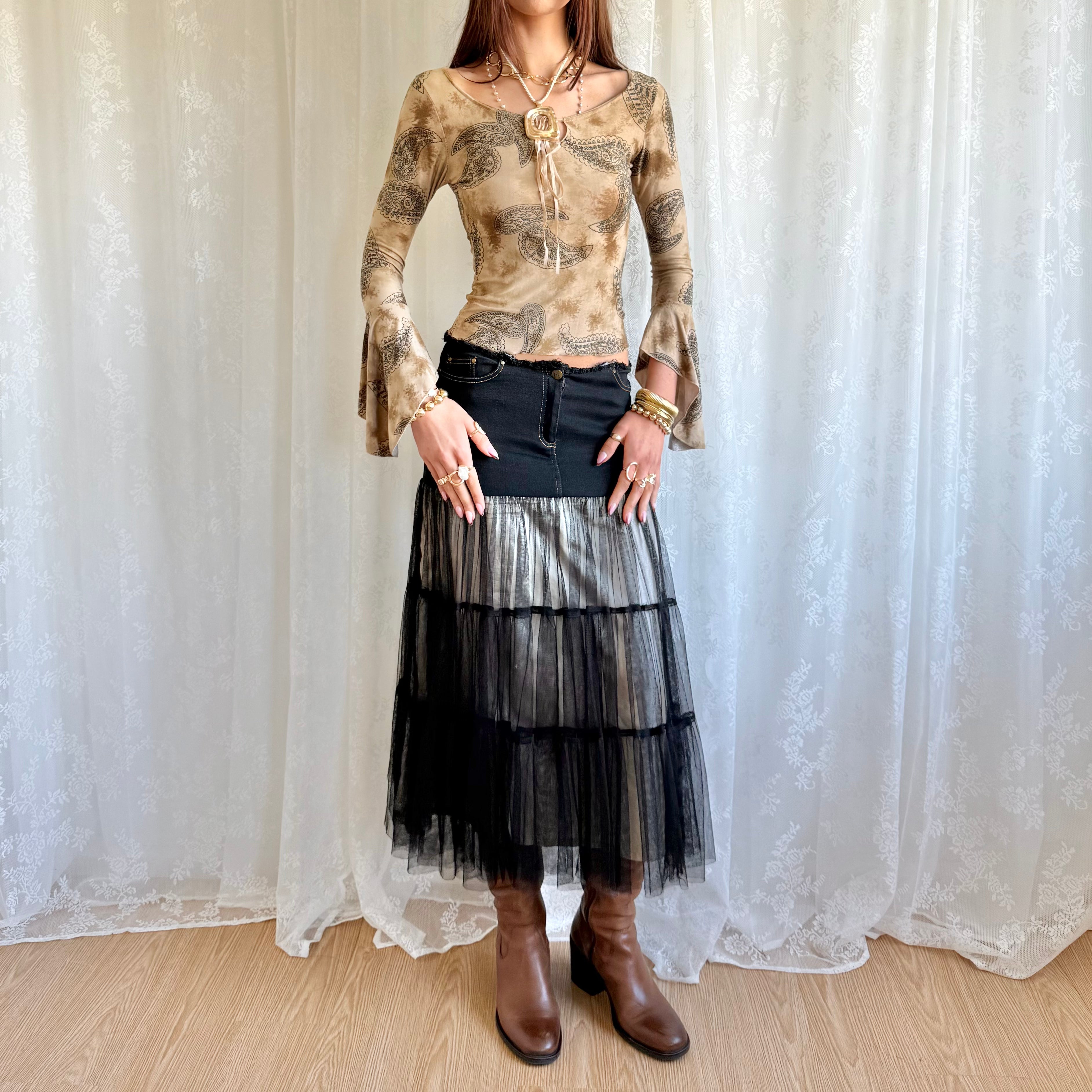 Denim Tiered Midi Skirt - Size S