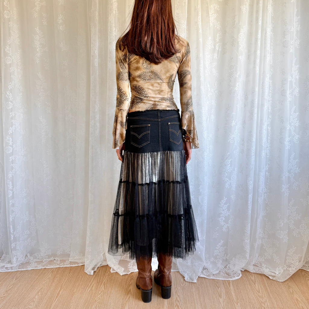 Denim Tiered Midi Skirt - Size S