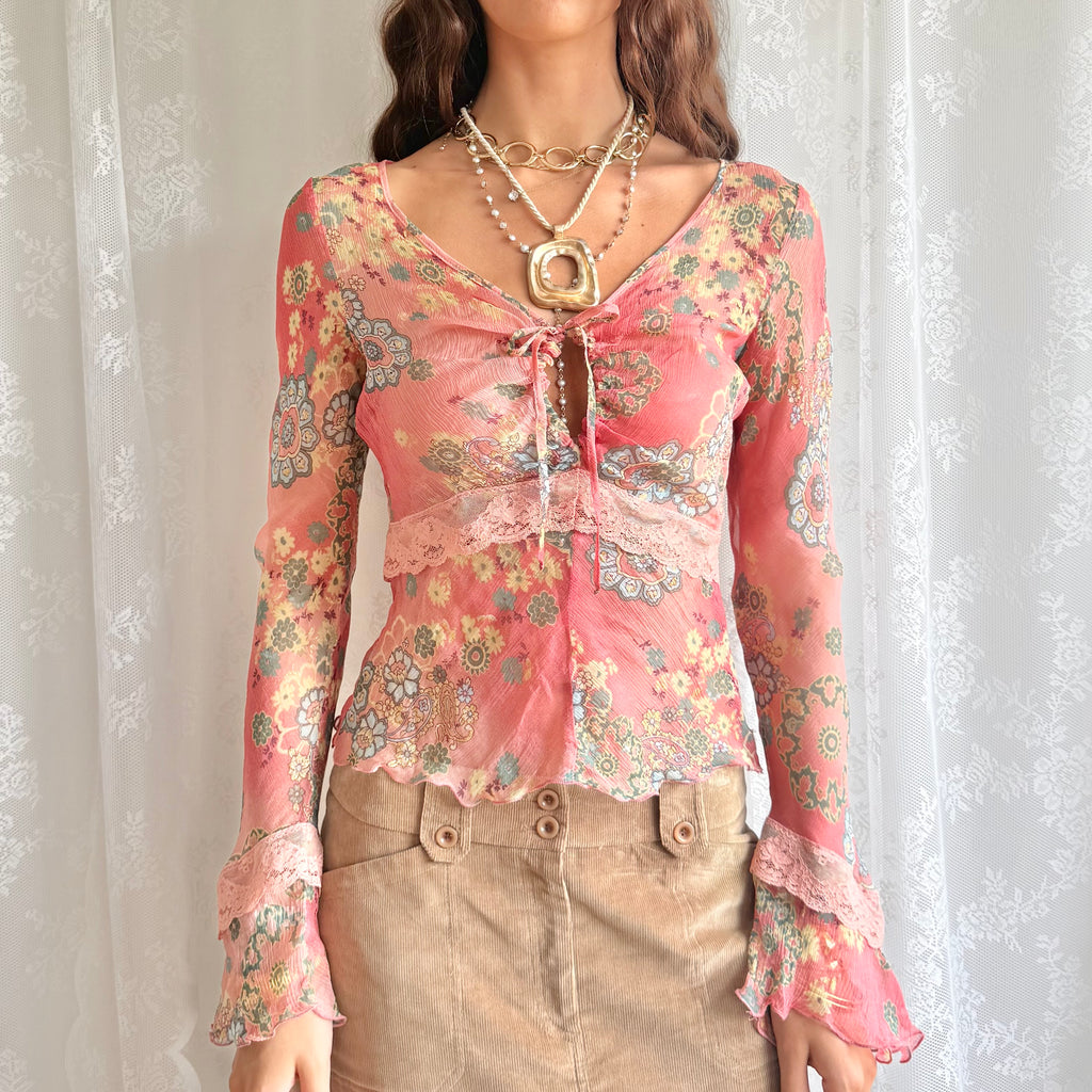 Flared Sleeve Floral Lace Top - Size M