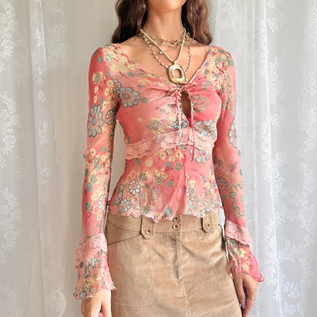 Flared Sleeve Floral Lace Top - Size M