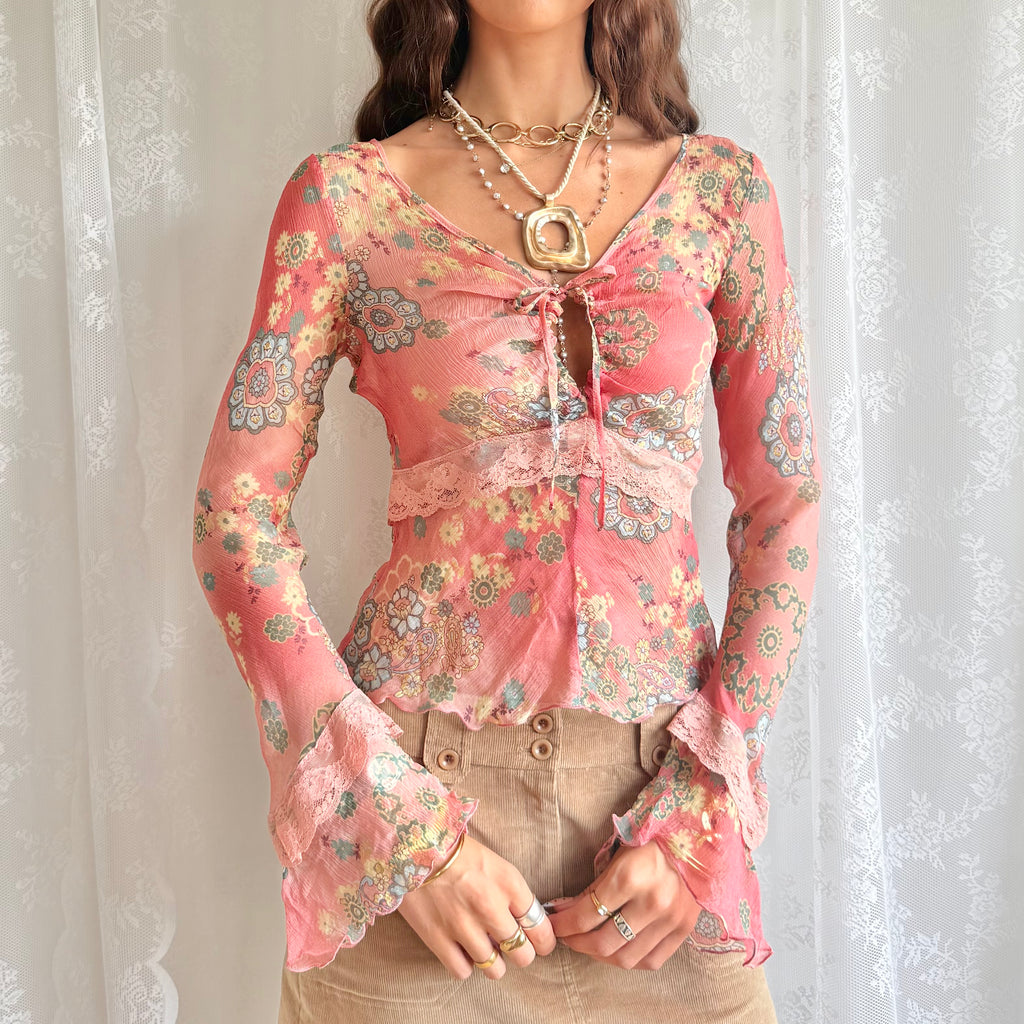 Flared Sleeve Floral Lace Top - Size M
