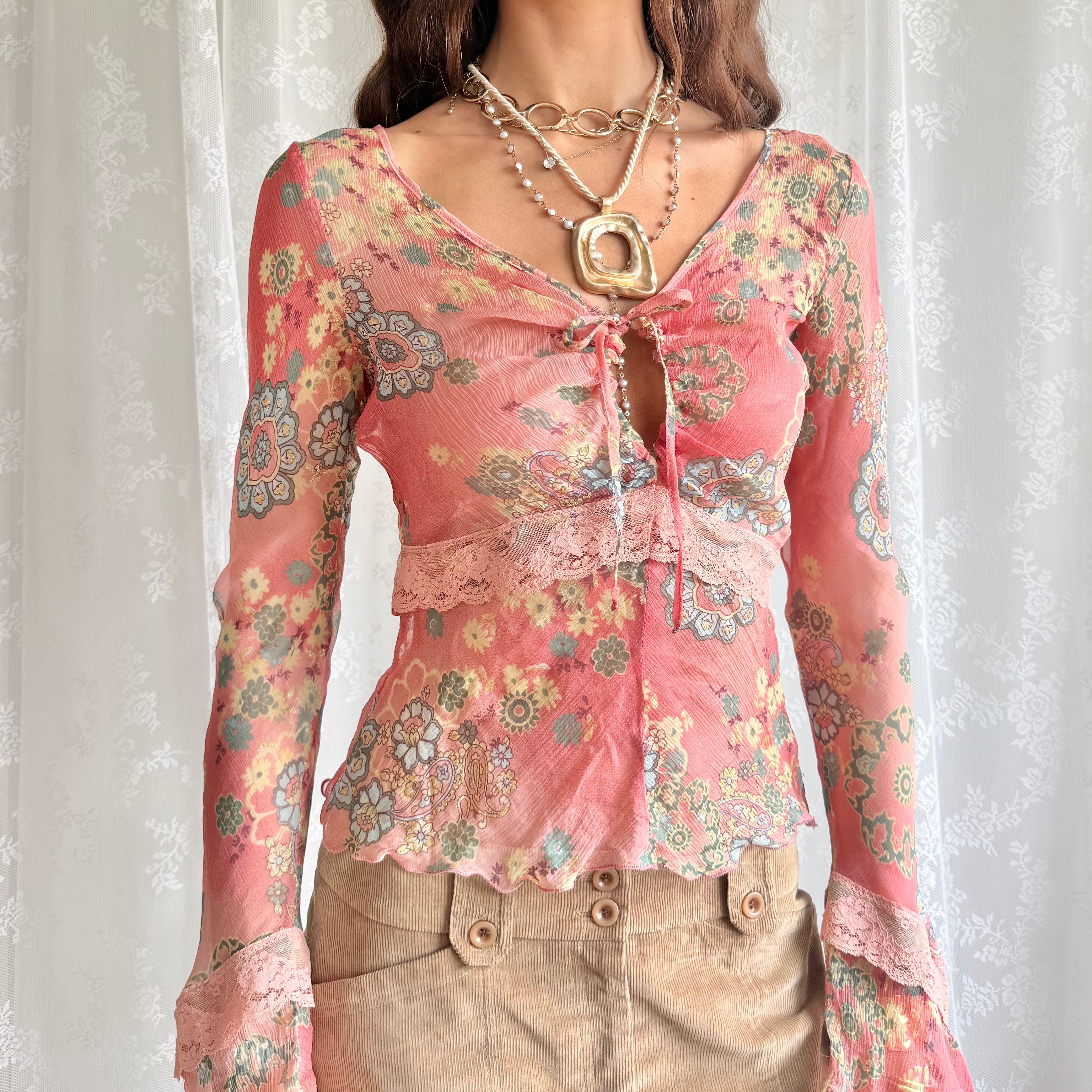 Flared Sleeve Floral Lace Top - Size M
