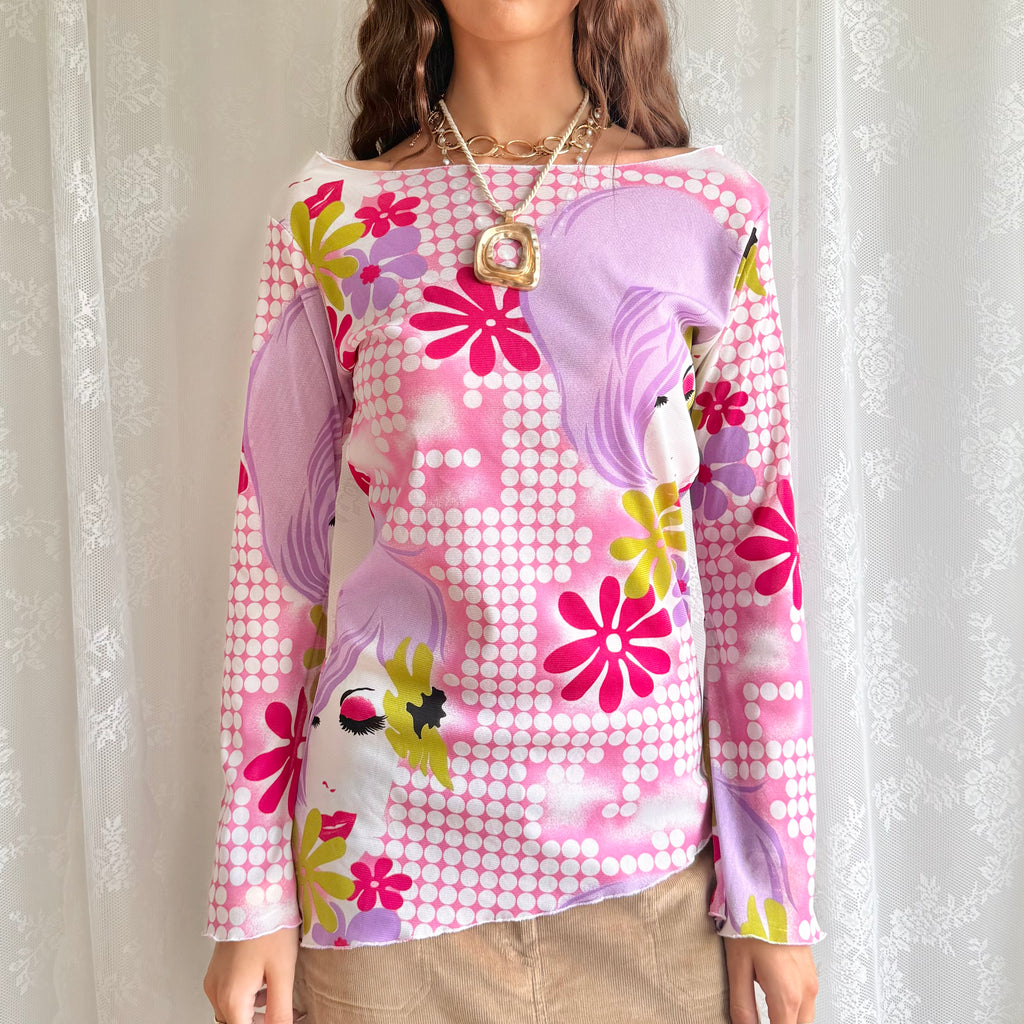 Asymmetric Mesh Long Sleeve Top - Size L