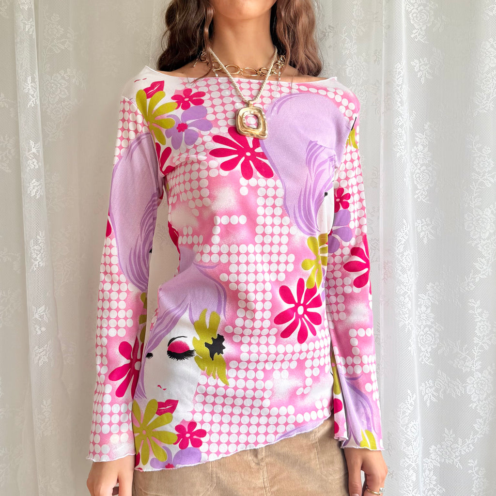 Asymmetric Mesh Long Sleeve Top - Size L