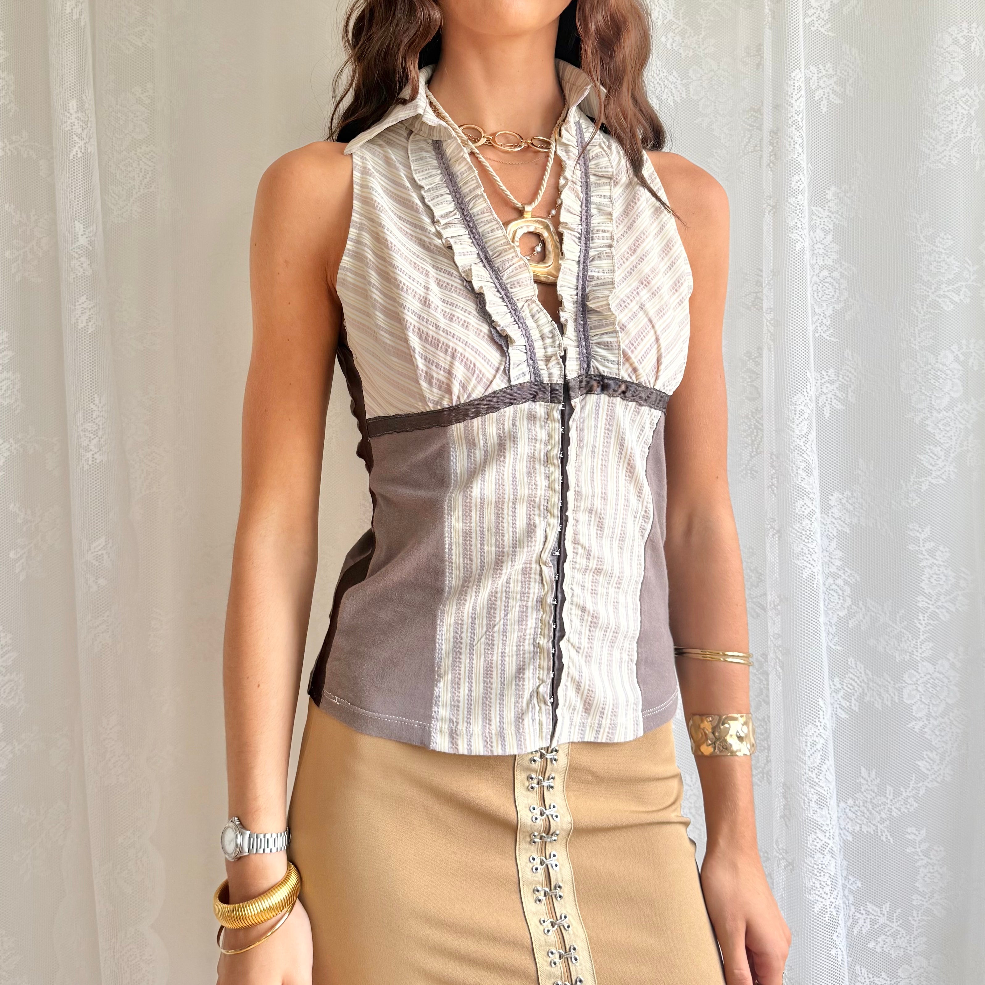 Pinstripe Hook & Eye Crop Top - Size S