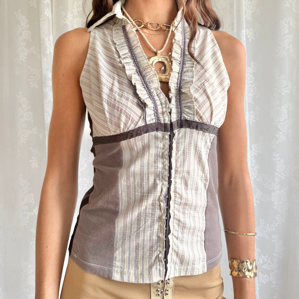Pinstripe Hook & Eye Crop Top - Size S
