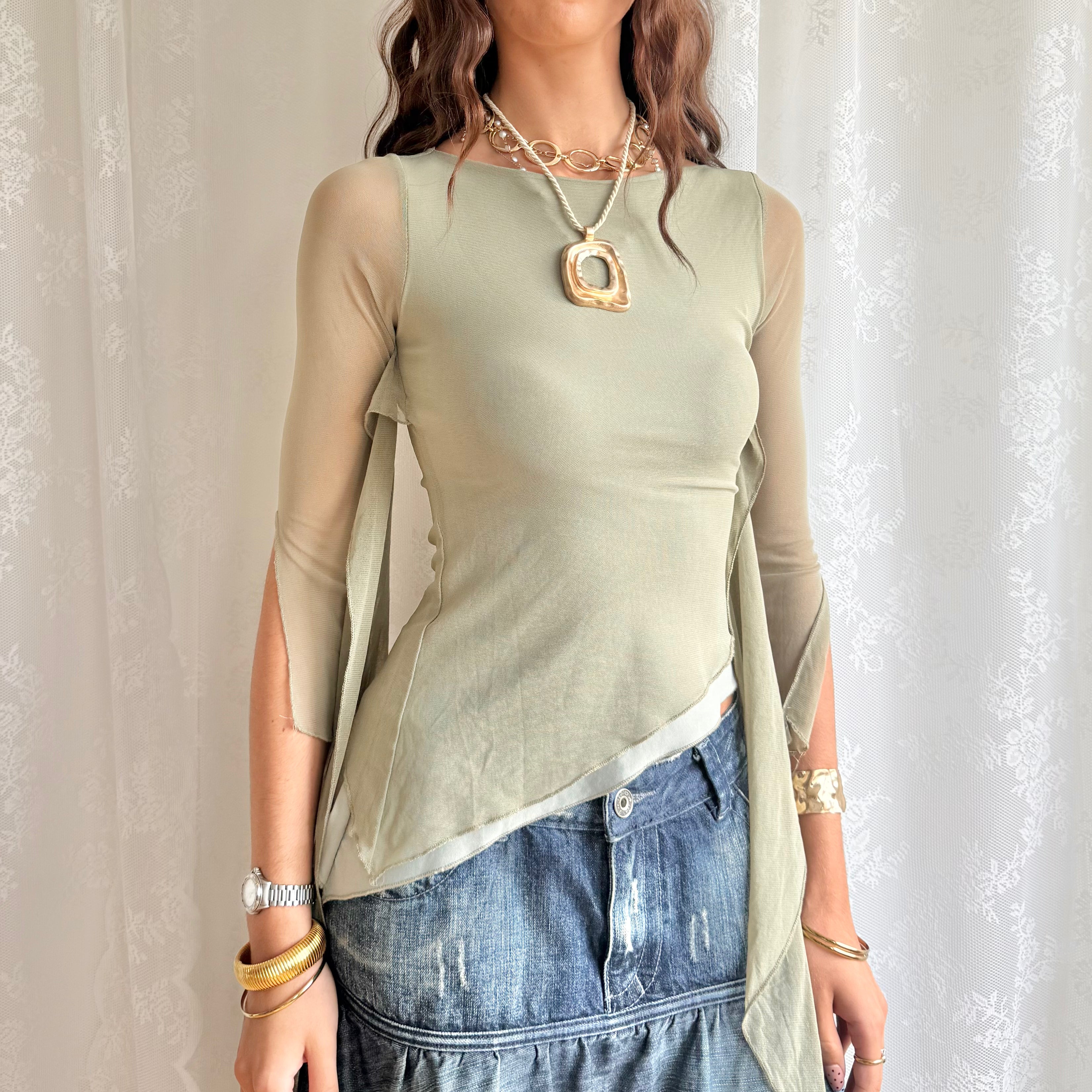 Asymmetric Mesh Long Sleeve Top - Size S