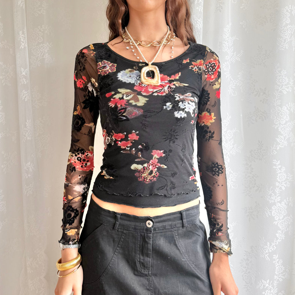 Floral Mesh Long Sleeve Top - Size S