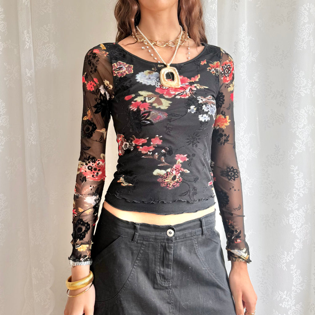 Floral Mesh Long Sleeve Top - Size S