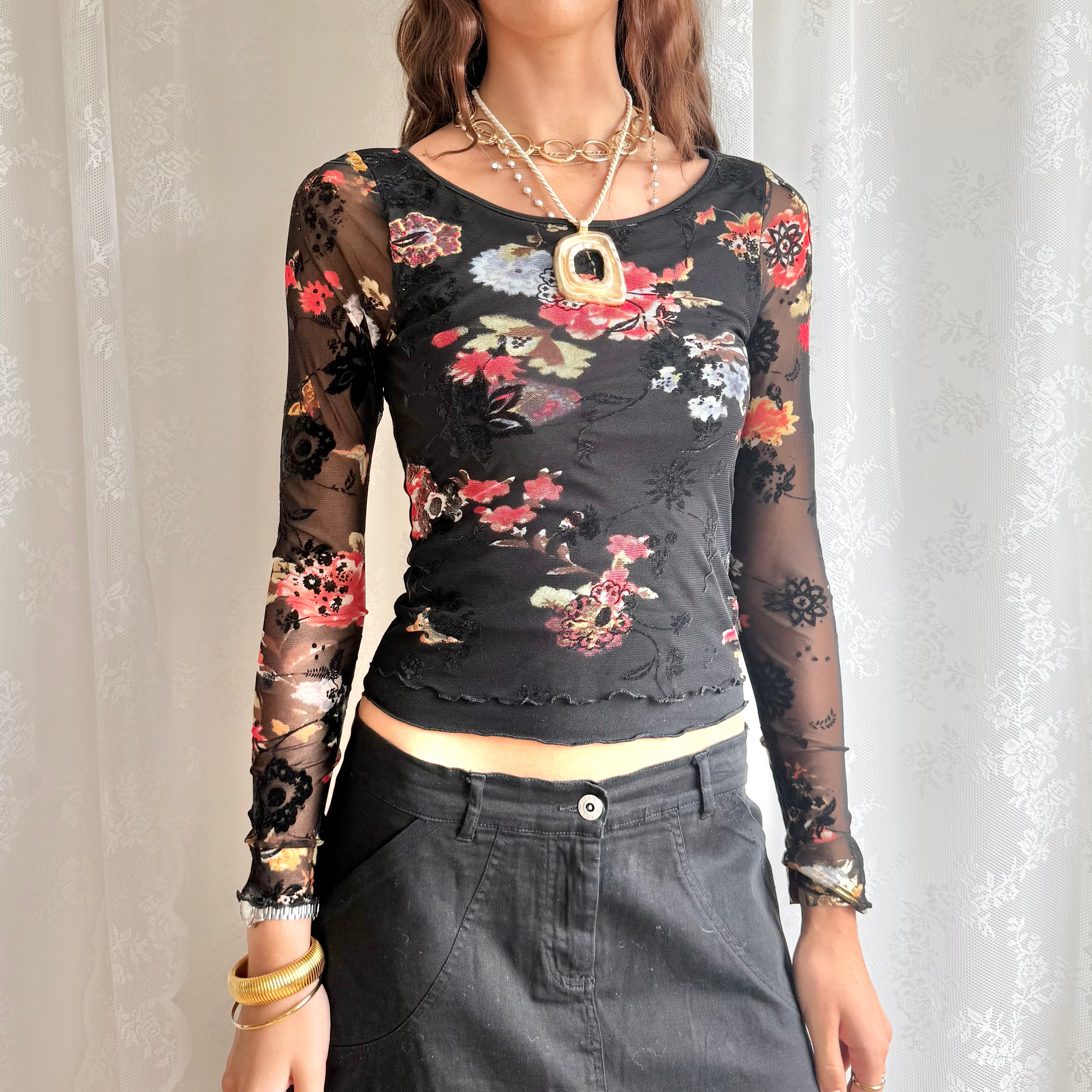 Floral Mesh Long Sleeve Top - Size S