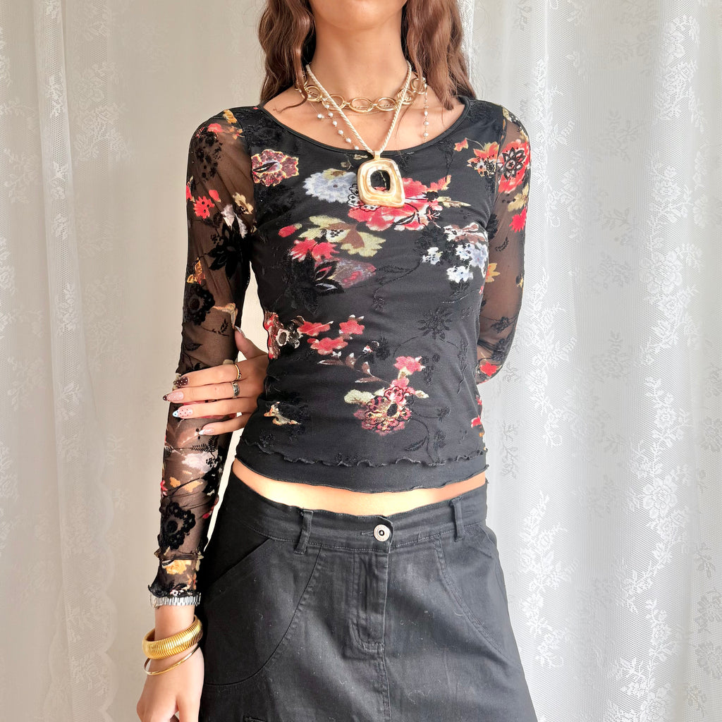 Floral Mesh Long Sleeve Top - Size S