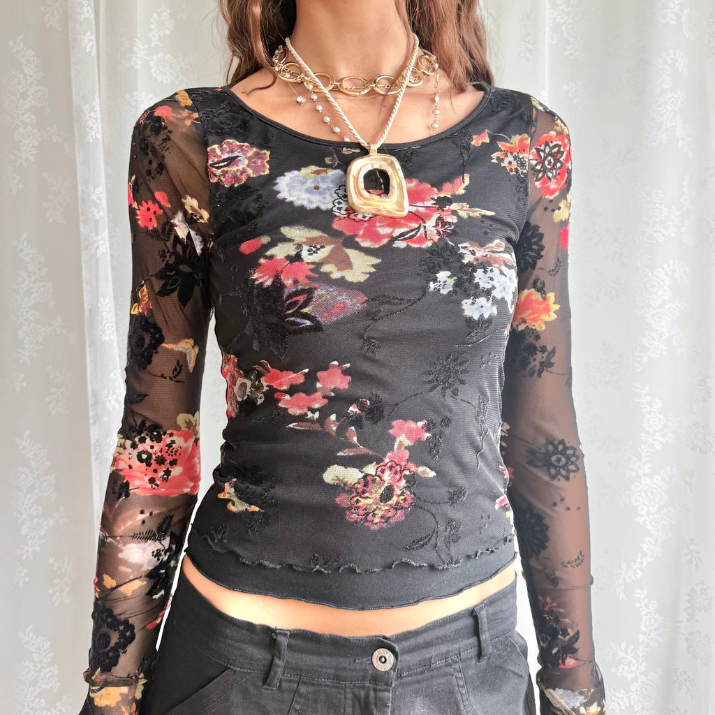 Floral Mesh Long Sleeve Top - Size S