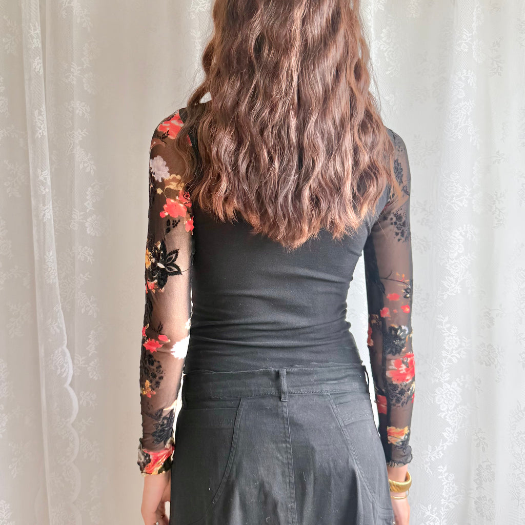 Floral Mesh Long Sleeve Top - Size S
