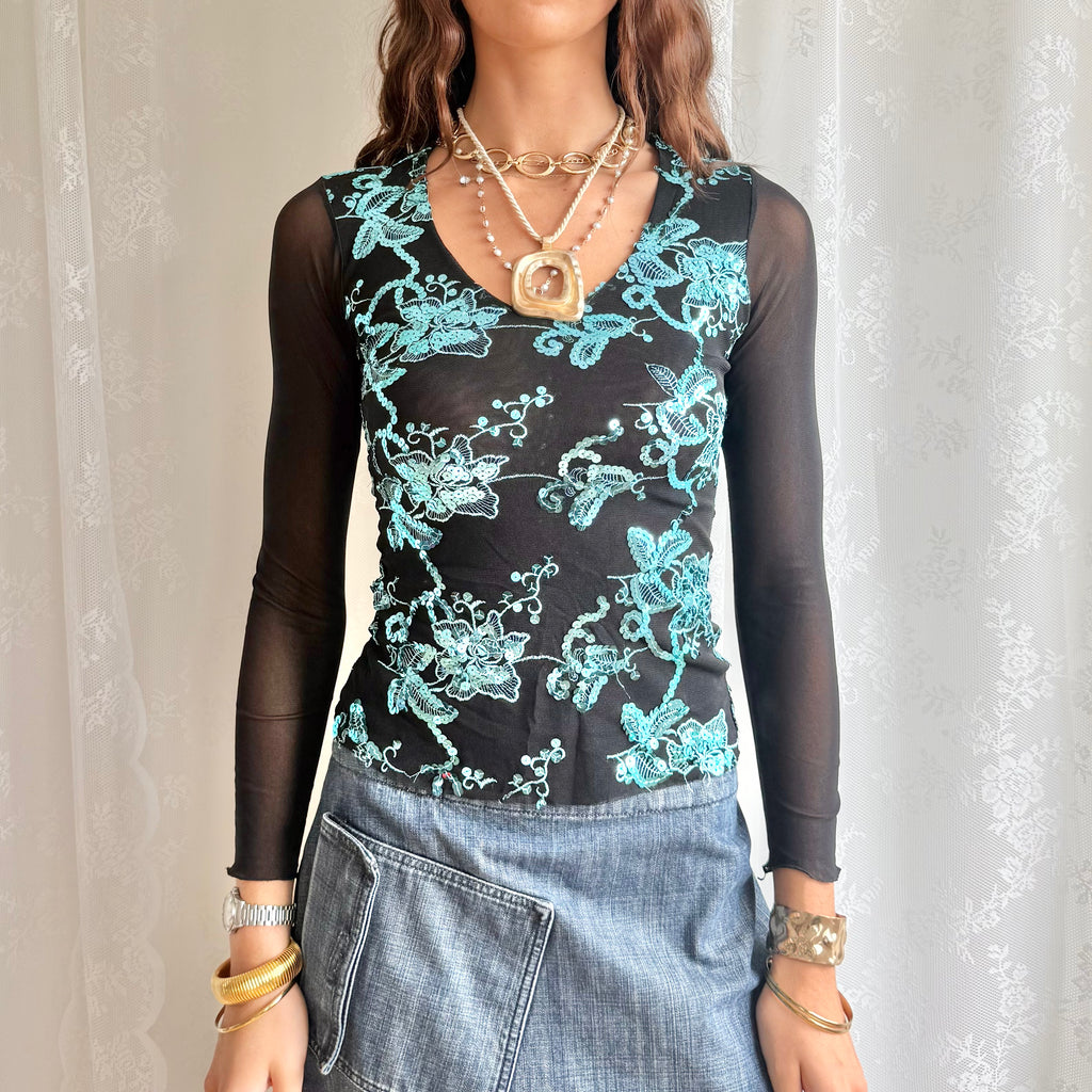 Sequin Mesh Long Sleeve Top - Size S