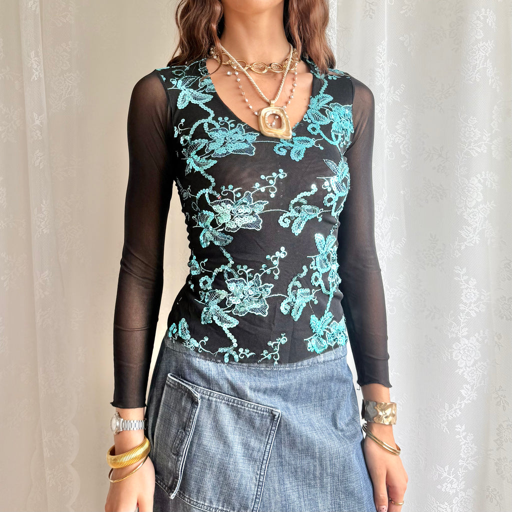 Sequin Mesh Long Sleeve Top - Size S