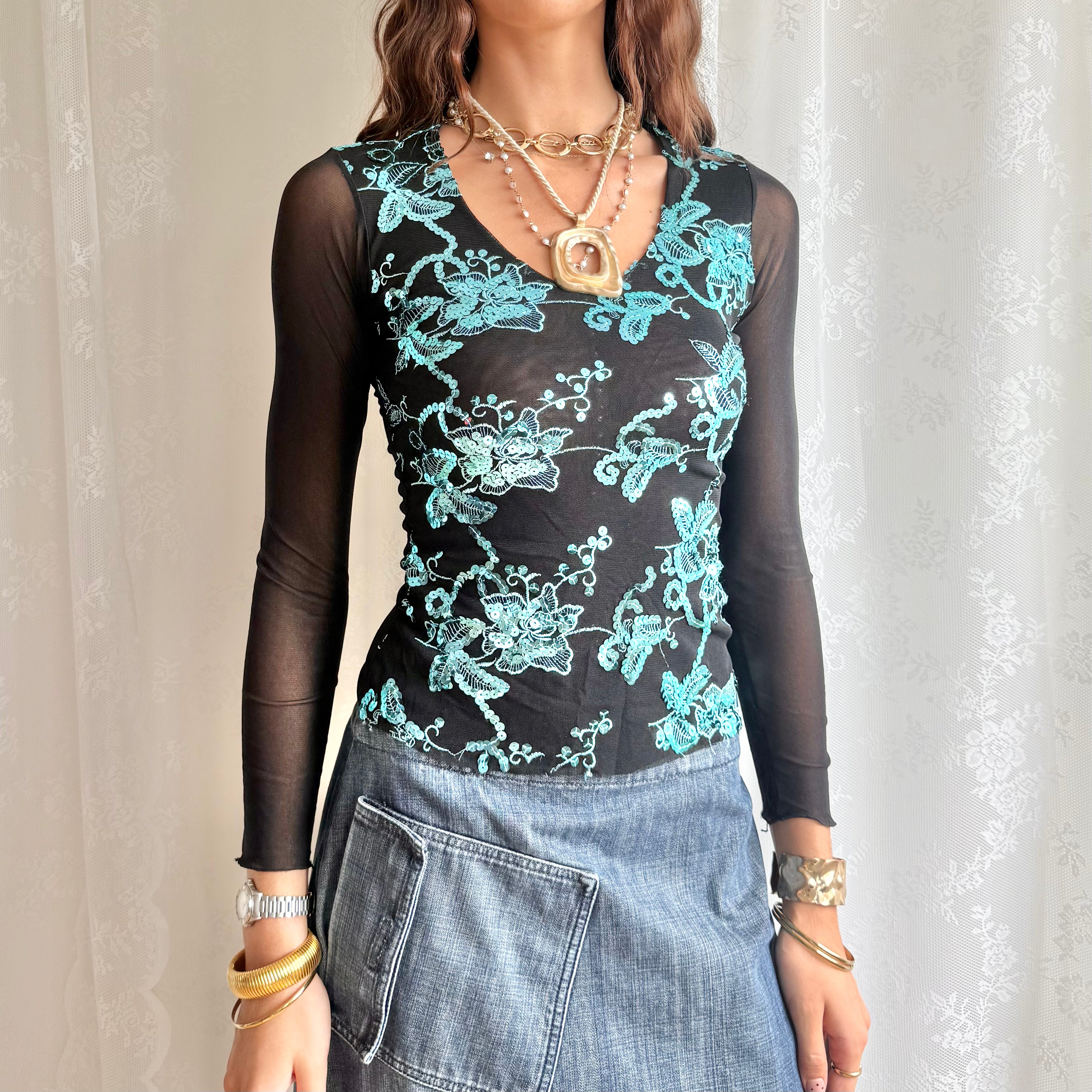 Sequin Mesh Long Sleeve Top - Size S