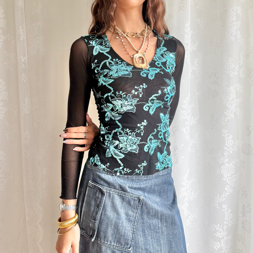 Sequin Mesh Long Sleeve Top - Size S