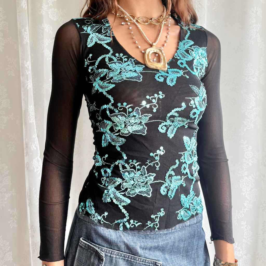 Sequin Mesh Long Sleeve Top - Size S