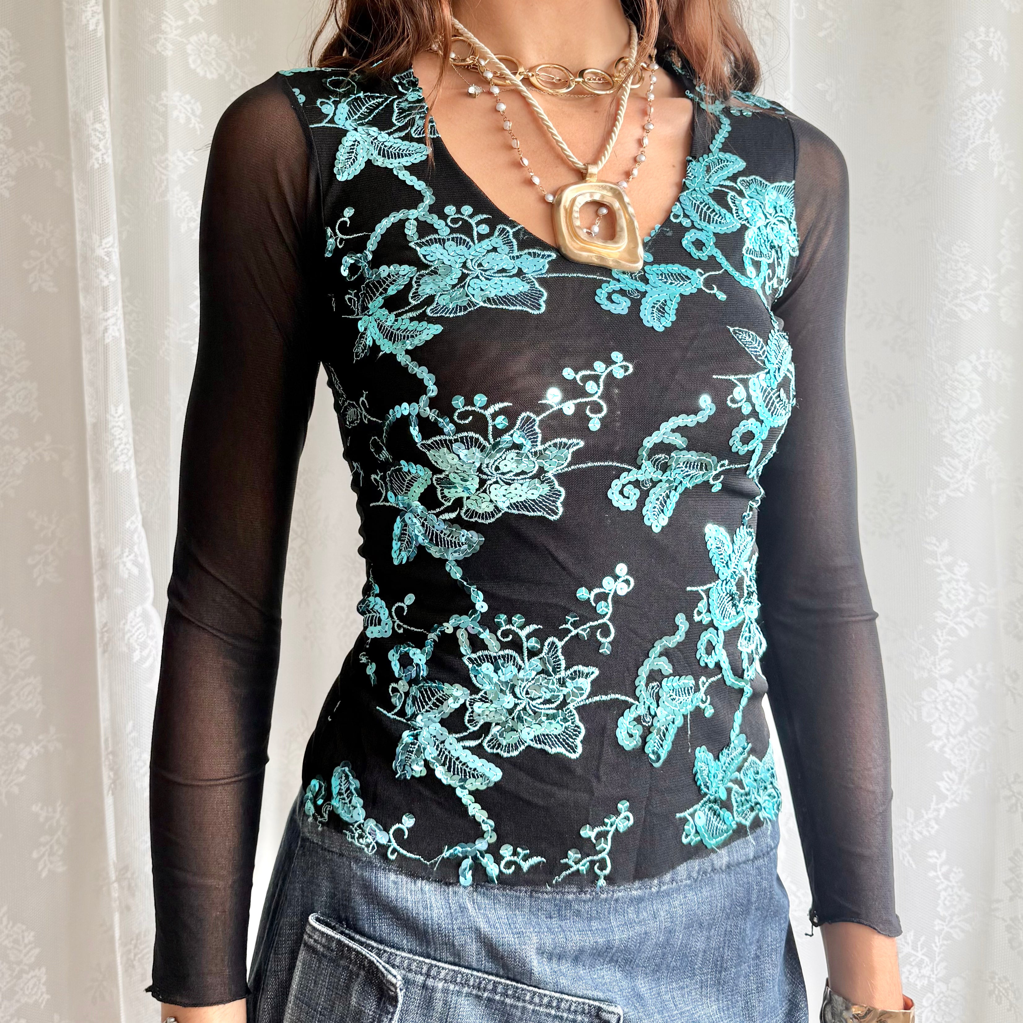 Sequin Mesh Long Sleeve Top - Size S