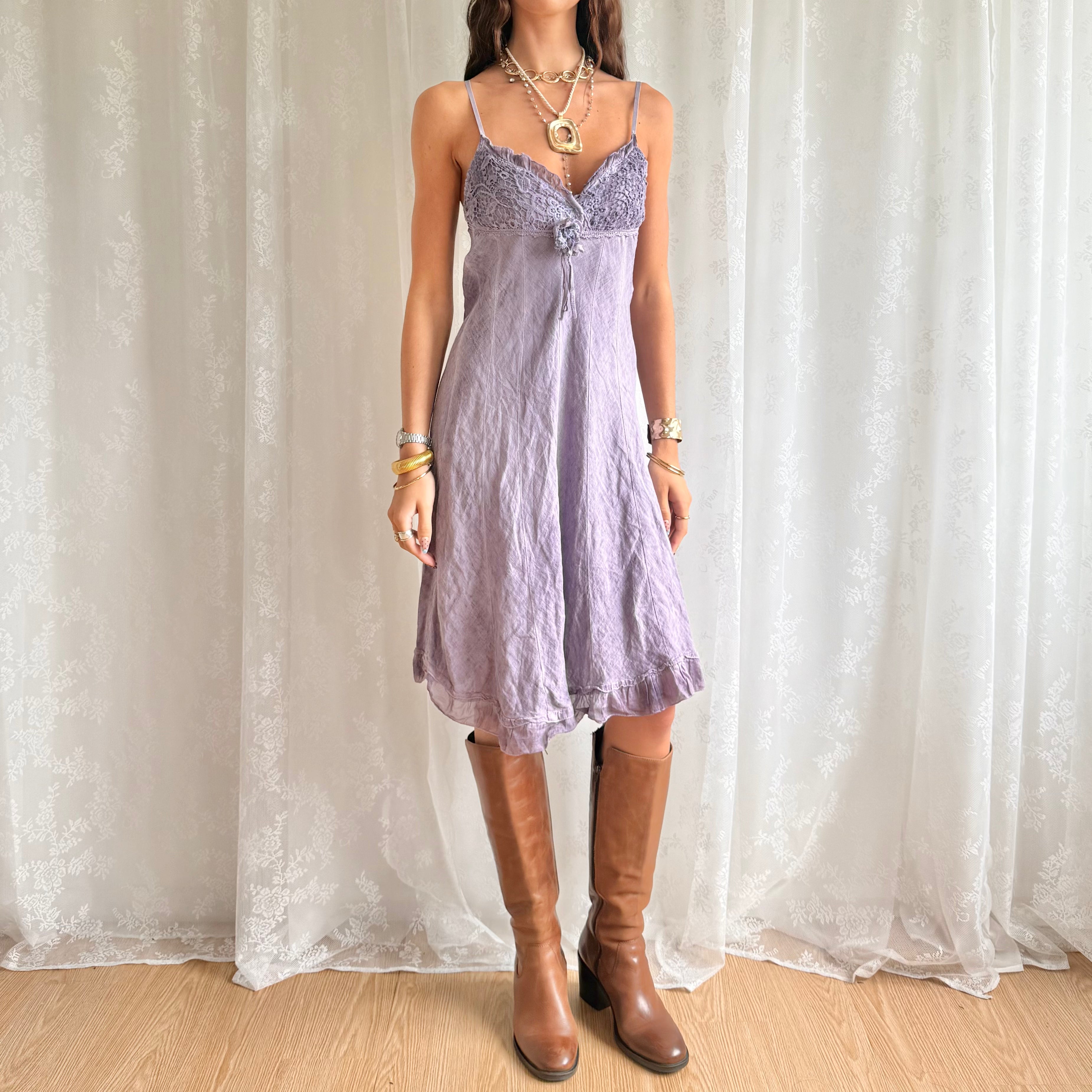 Linen Floral Corsage Midi Dress - Size M