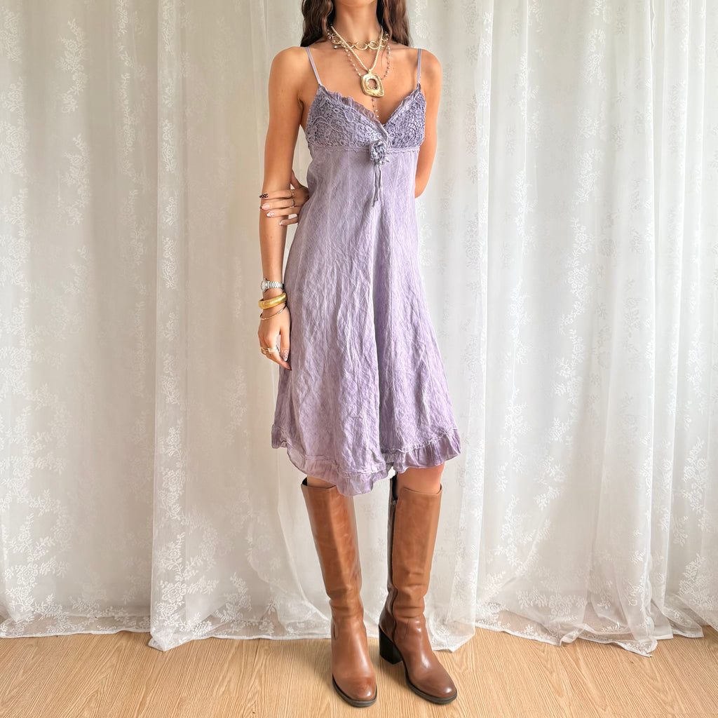 Linen Floral Corsage Midi Dress - Size M