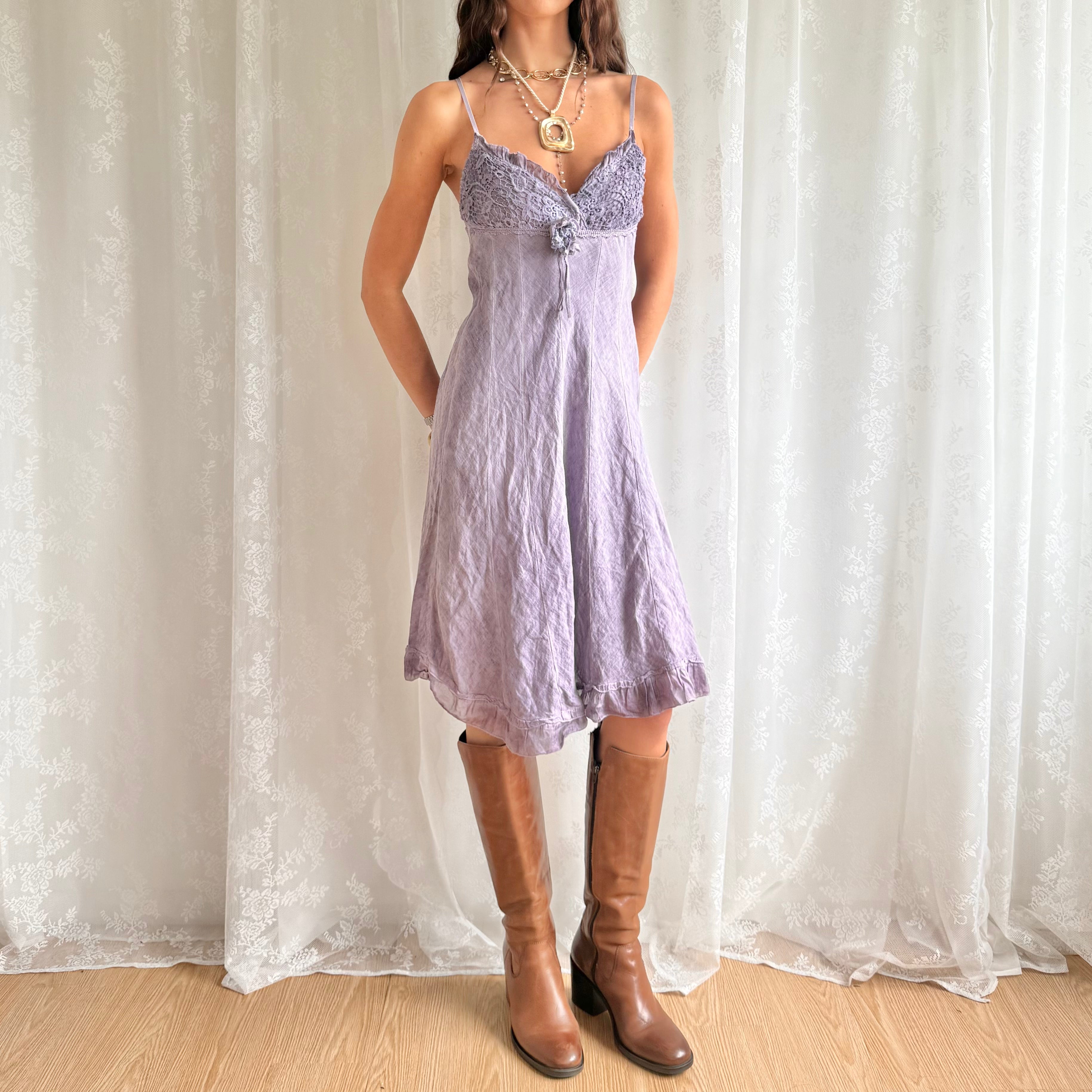 Linen Floral Corsage Midi Dress - Size M