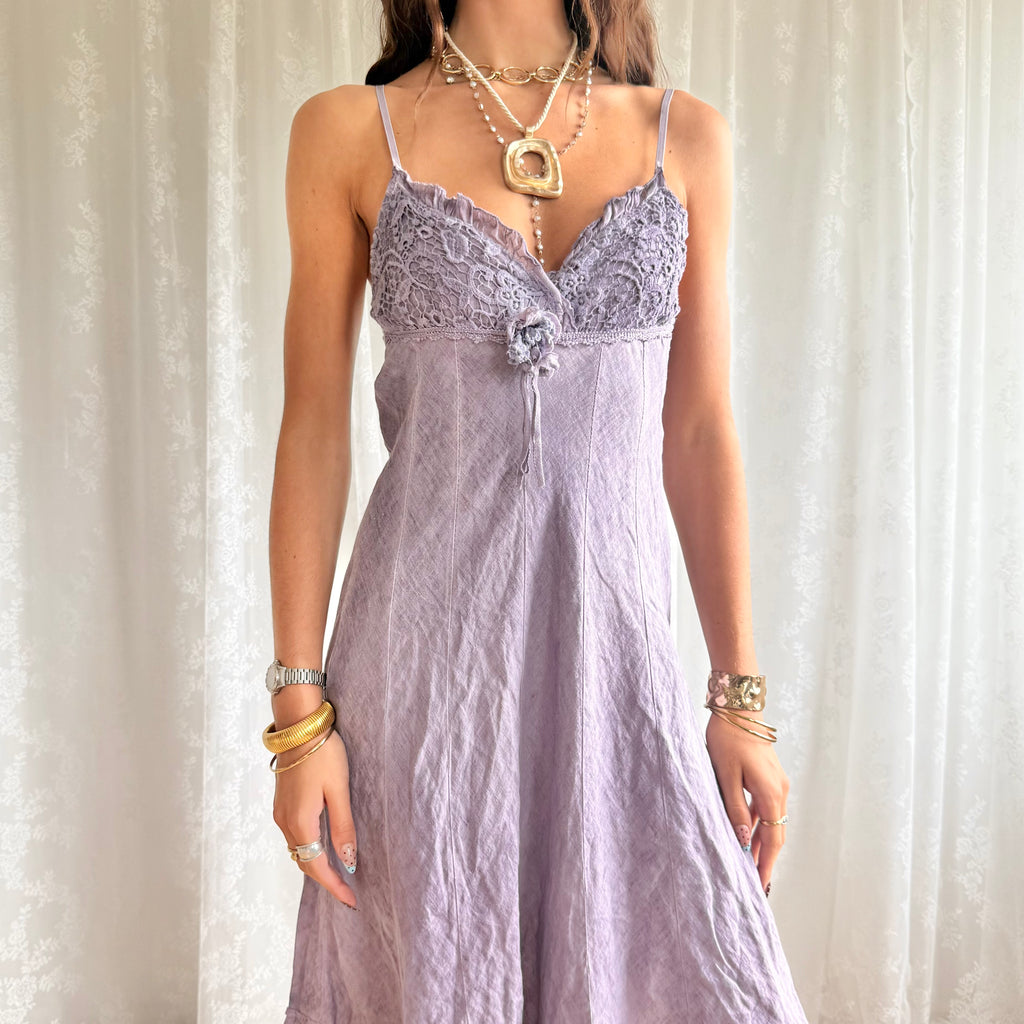 Linen Floral Corsage Midi Dress - Size M