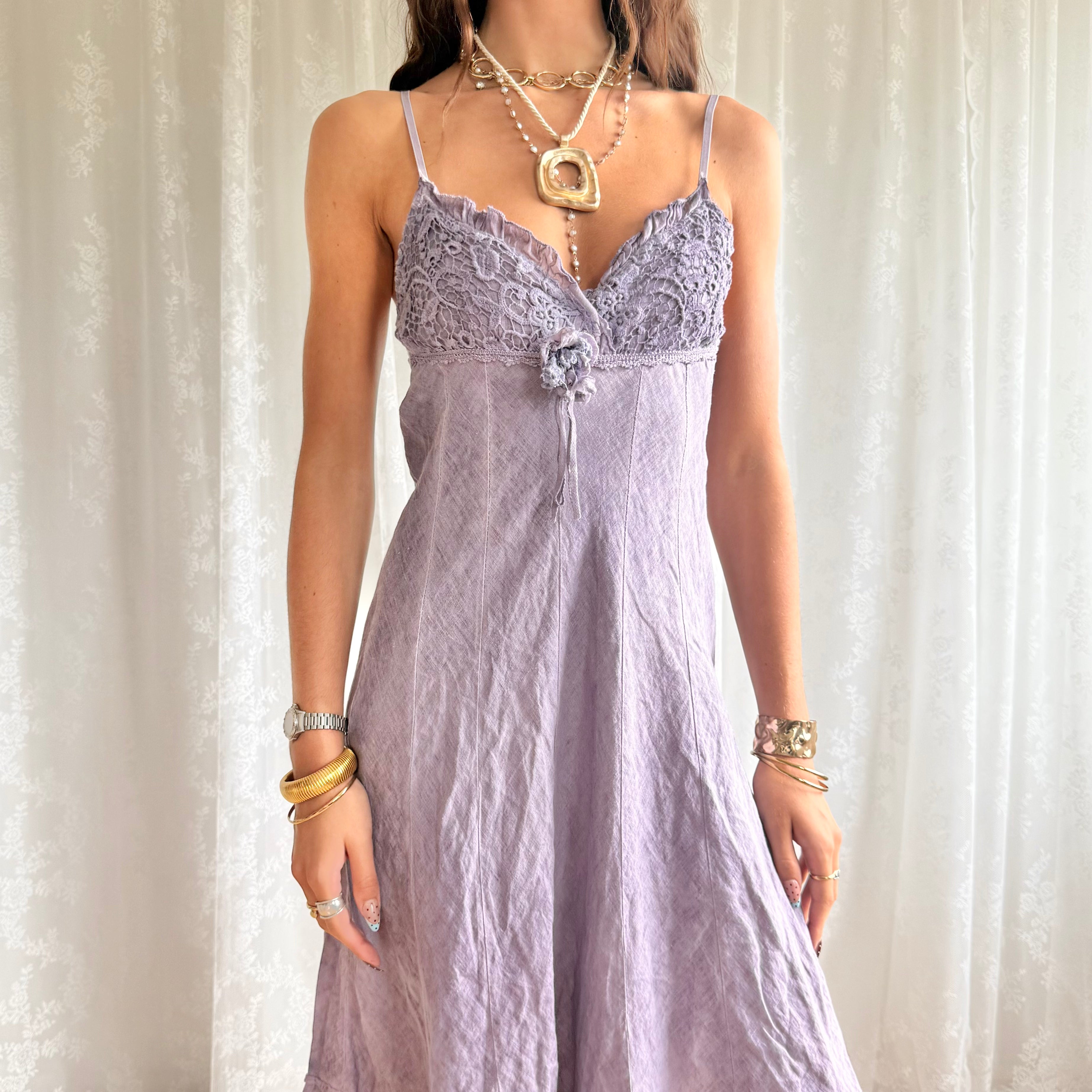 Linen Floral Corsage Midi Dress - Size M