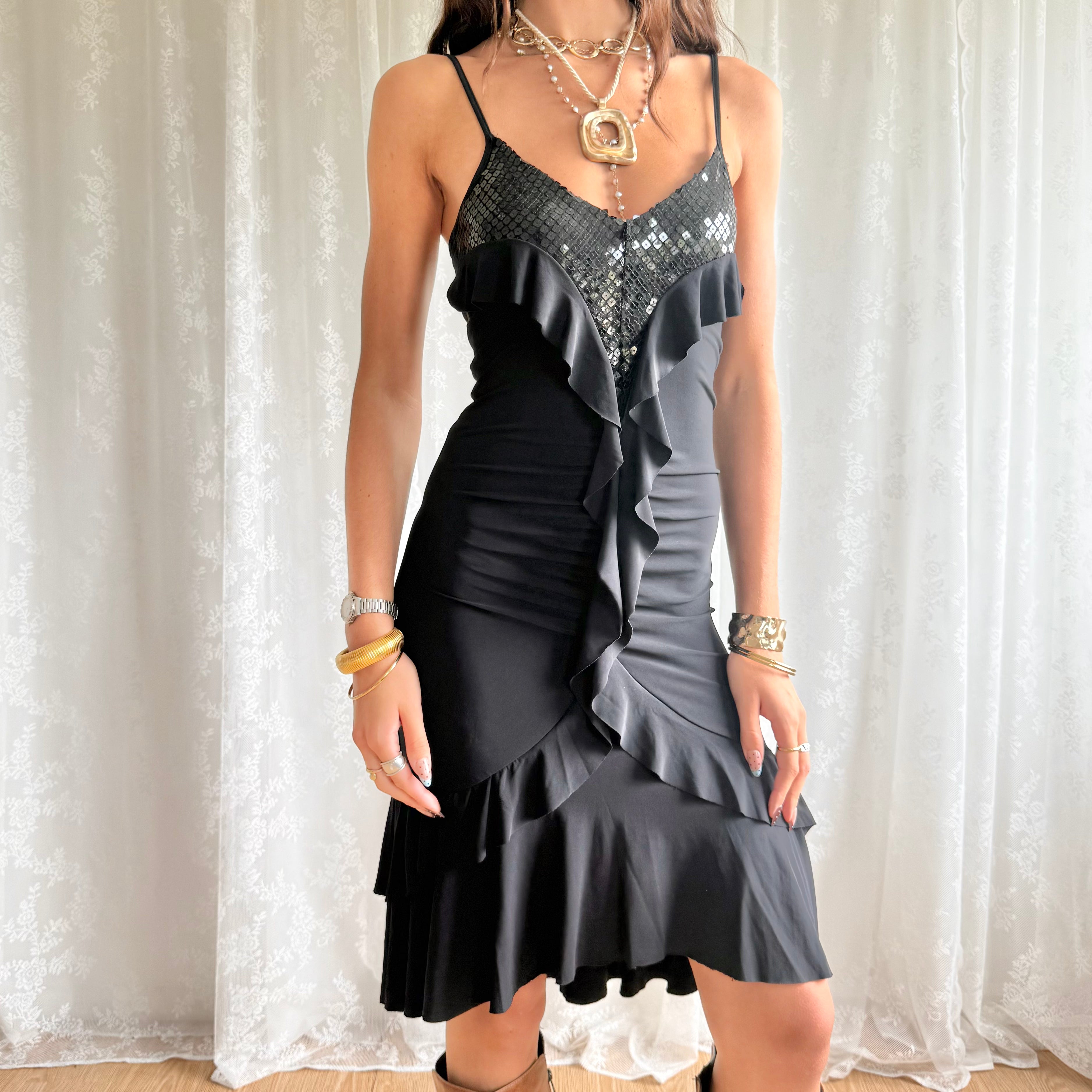 Sequin Ruffle Midi Dress - Size M