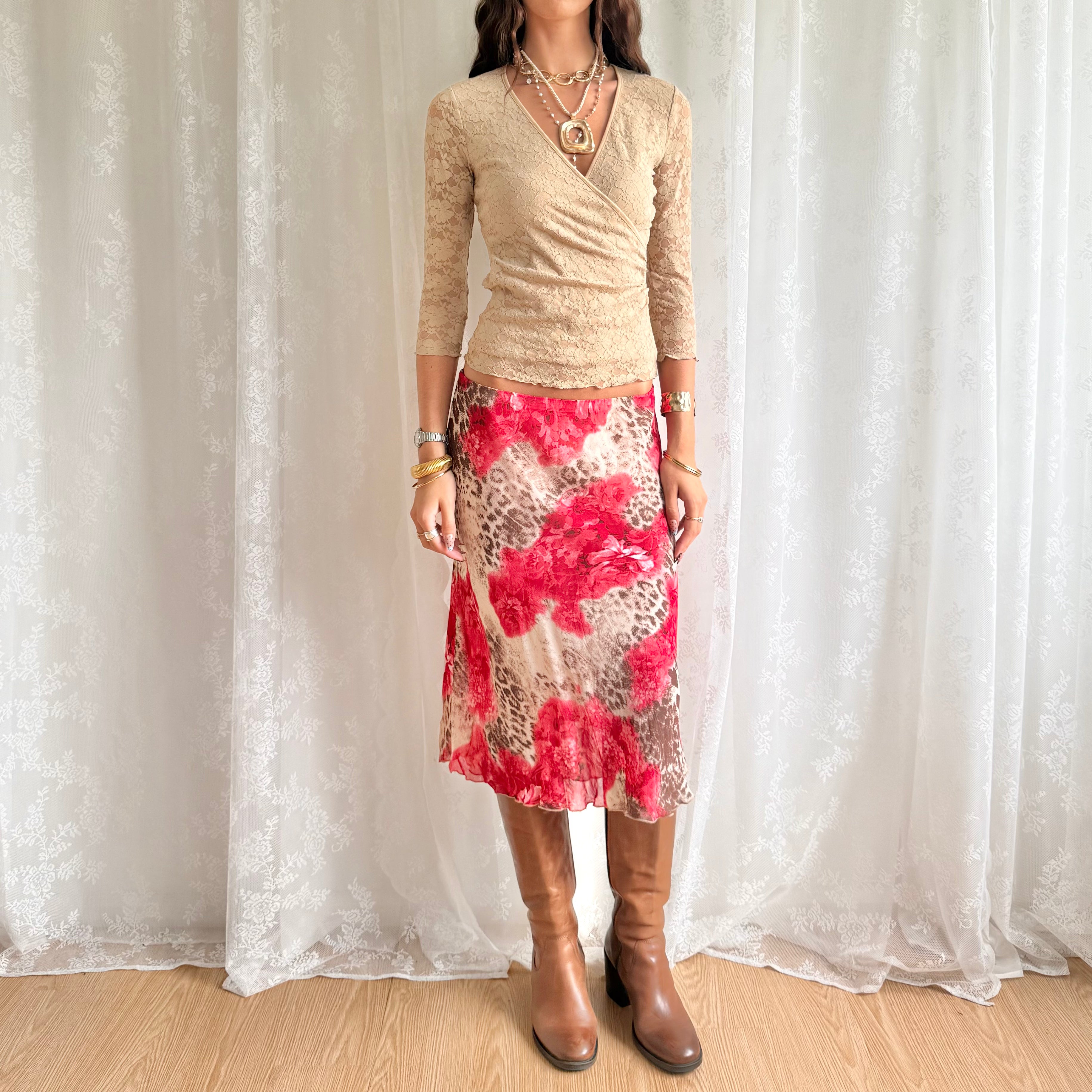 Leopard Floral Midi Skirt - Size M