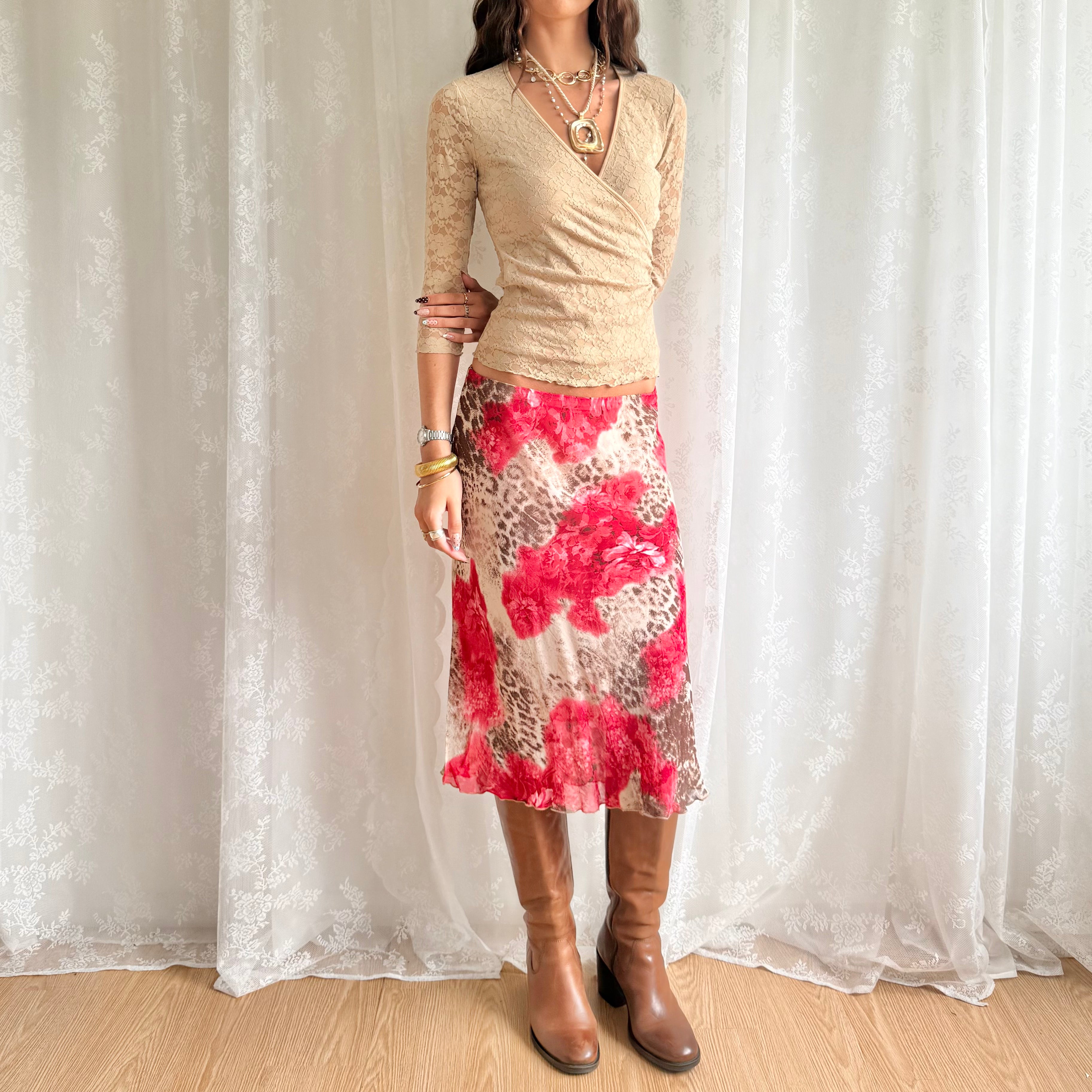Leopard Floral Midi Skirt - Size M