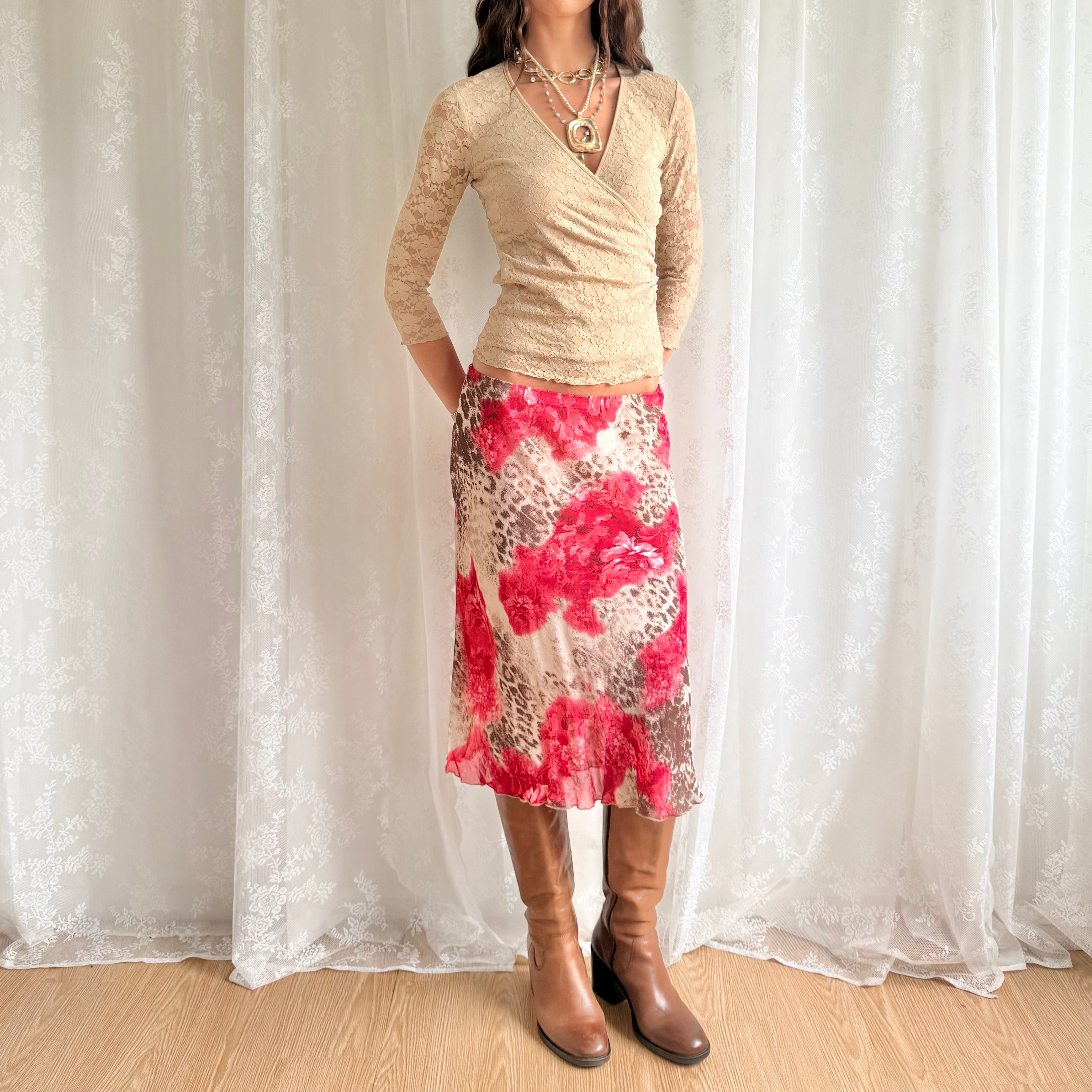 Leopard Floral Midi Skirt - Size M