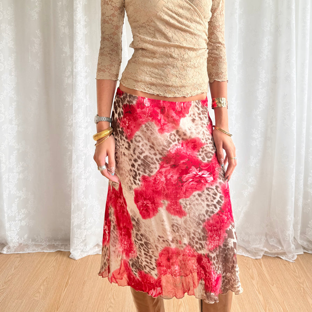 Leopard Floral Midi Skirt - Size M