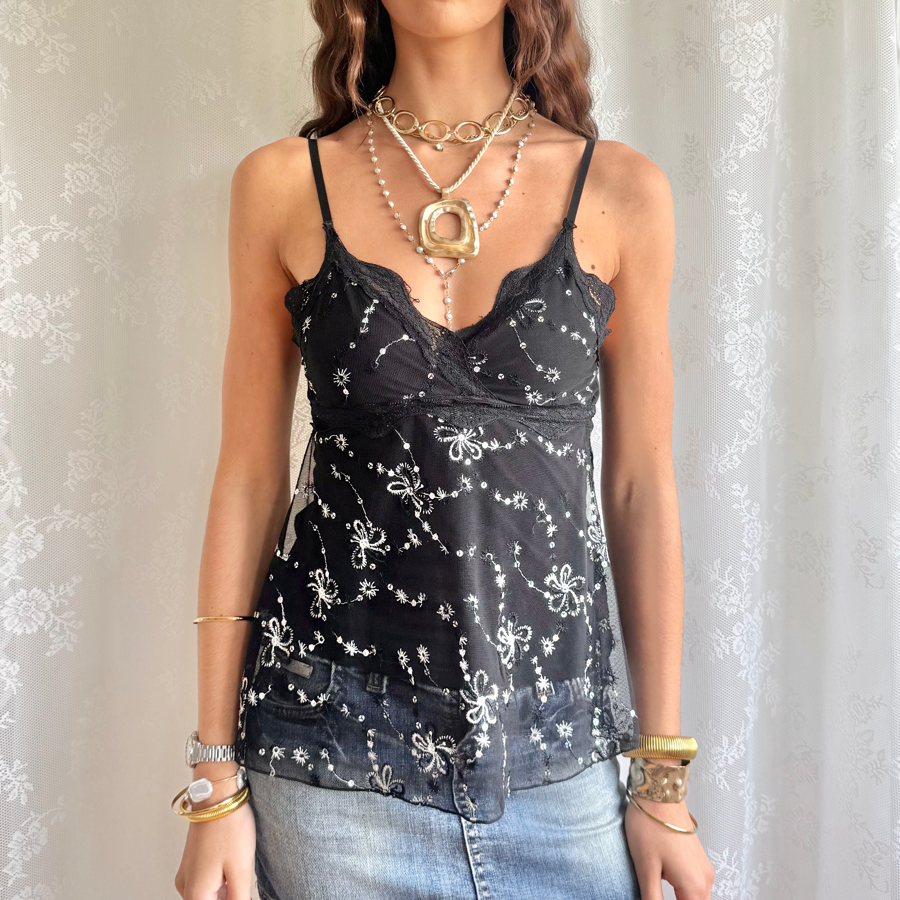 Sequin Lace Mesh Cami - Size M