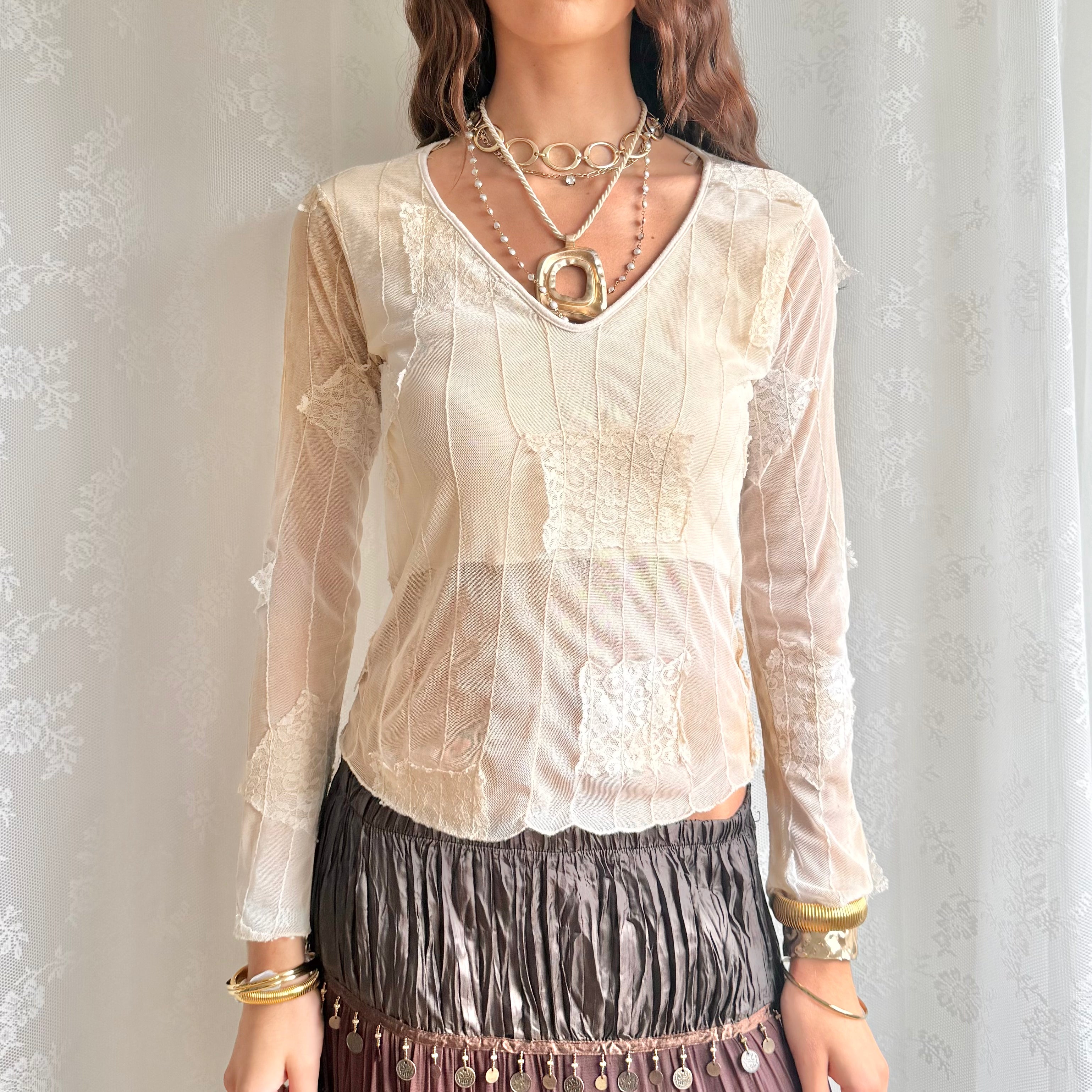 Mesh Lace Long Sleeve Top - Size M