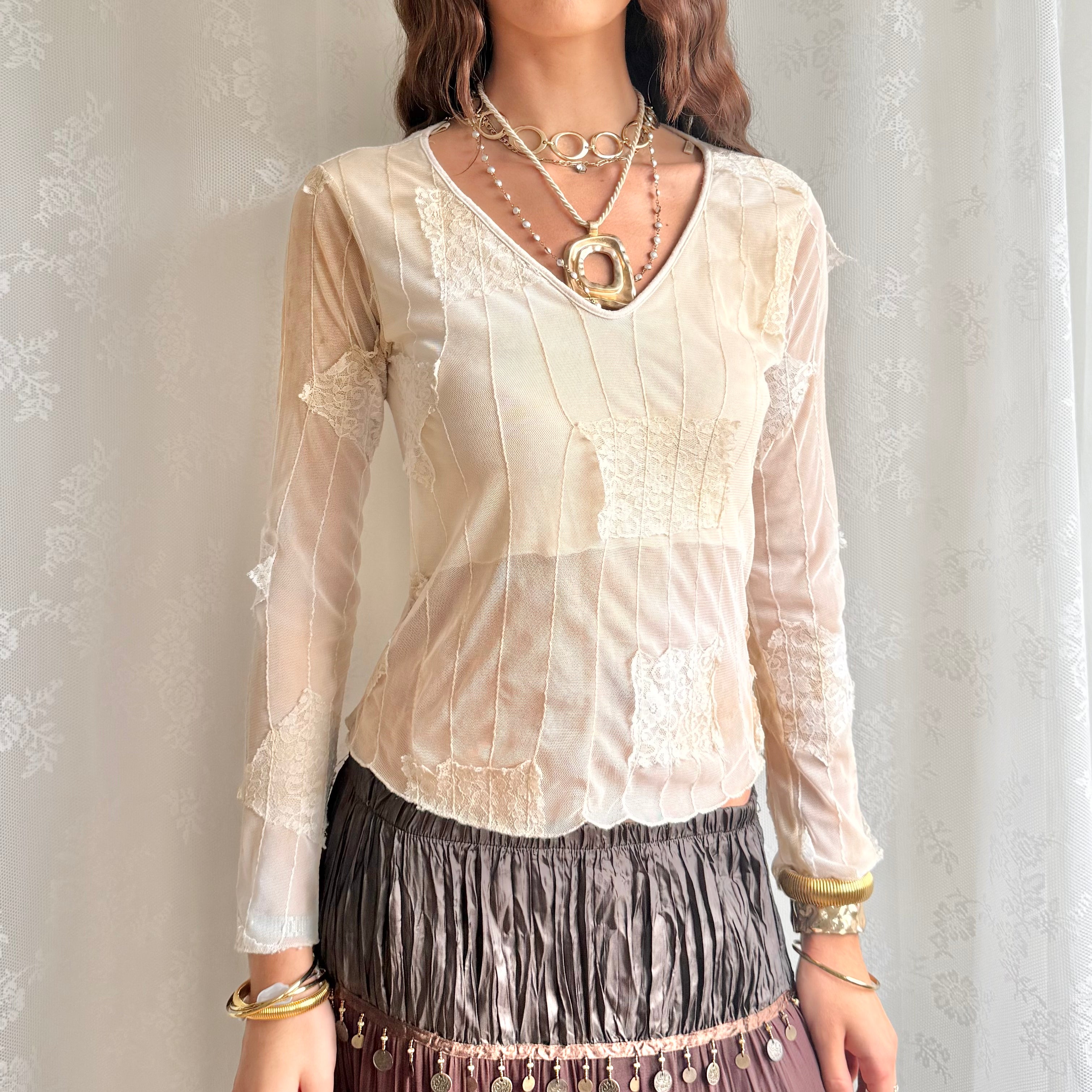 Mesh Lace Long Sleeve Top - Size M